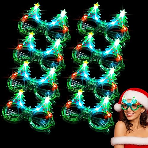 Paquete de 8 gafas de sol LED para árbol de Navidad, gafas de sol LED que brillan en la oscuridad, gafas de sol de neón de plástico con purpurina,