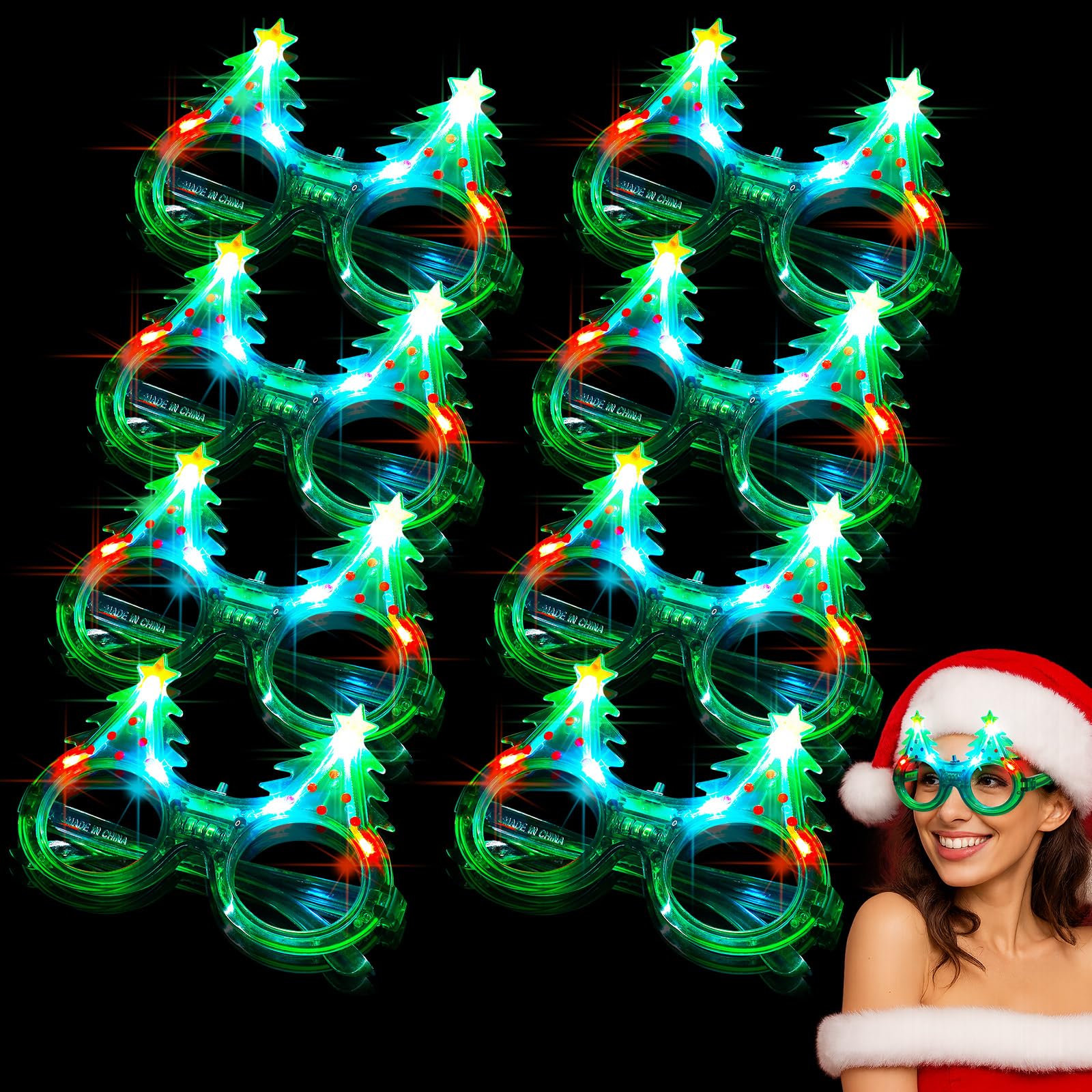 Funtery 8 Pack Light up Glass Tree LED Sunglass Bulk Glow in Dark Glass Plastic Glitter Neon Santa Gift