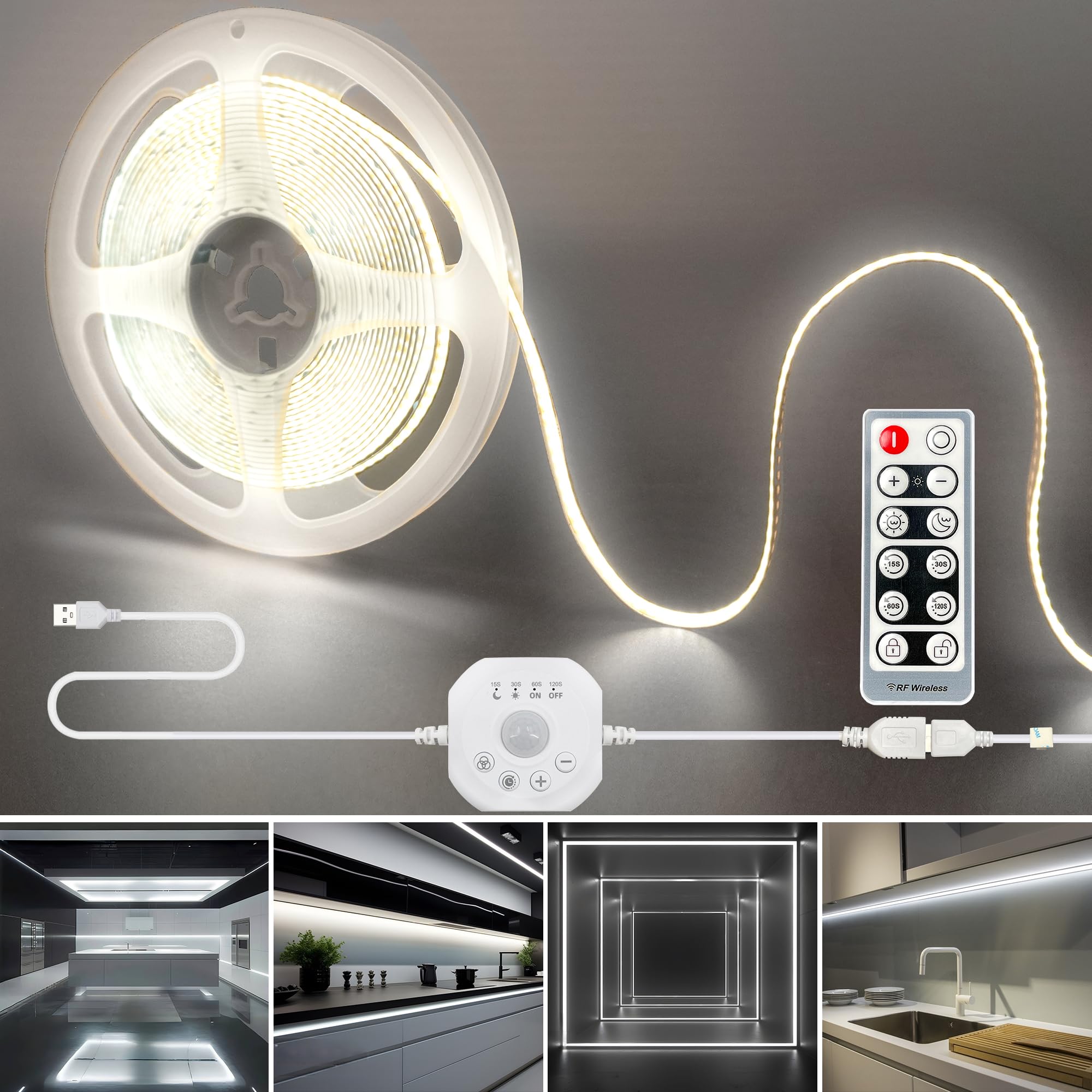 Clearhill 5V USB COB LED Strip Light with Motion Sensor & Remote Control,6.56FT/2M,Cool White 6500K,8mm Width,Day or Night 2 Lighting Modes,Time-delay and Brightness Adjustable,for Closet,Kitchen