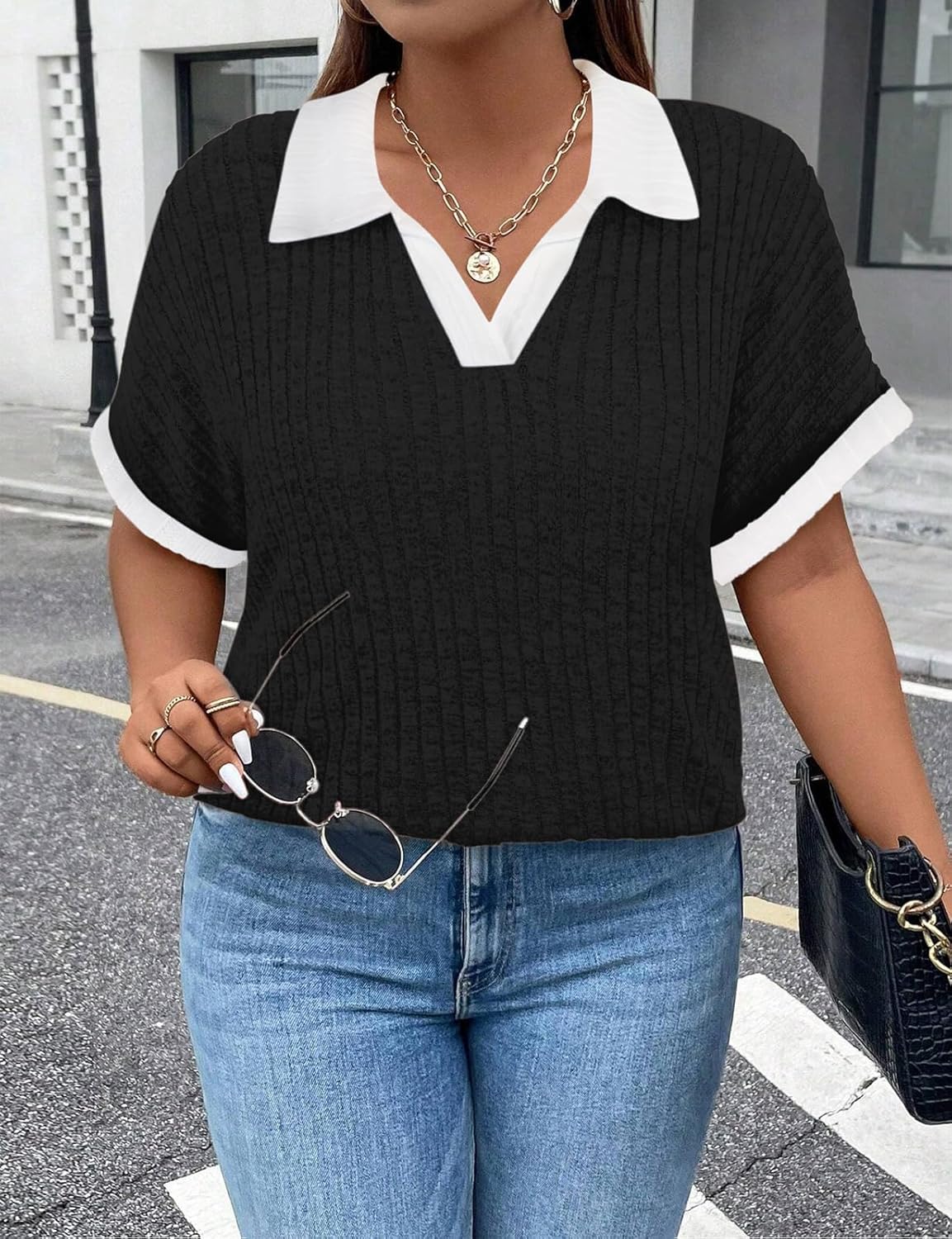 Koscacy Womens Plus Size Tops Short Sleeve Tunic Lapel V Neck Shirts Summer Casual Loose Blouse - Image 3