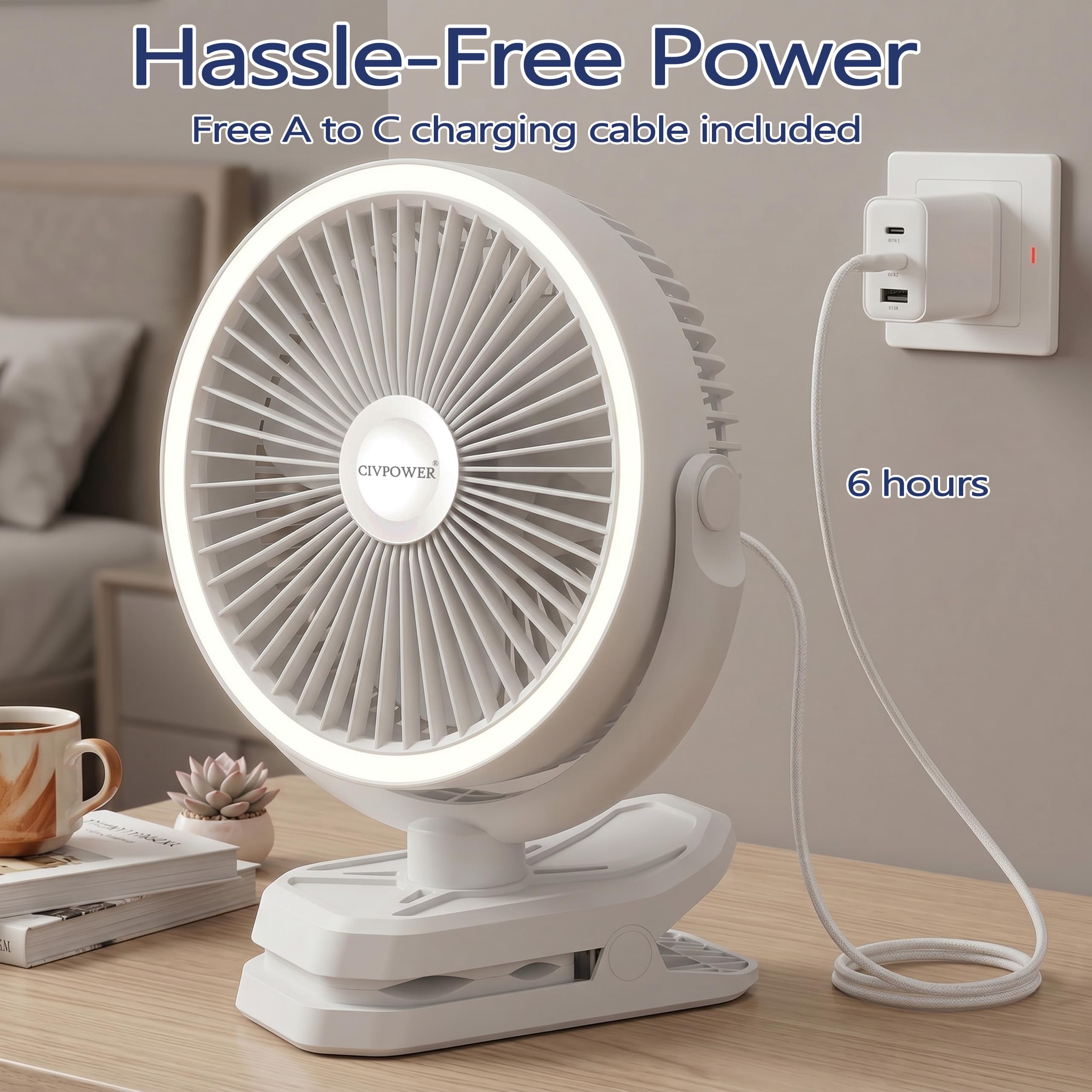 Ventola a clip da 16000 mAh: ventilatore portatile ricaricabile a morsetto per passeggino, letto, tenda da campeggio, carrello da golf, funzionamento a batteria, con gancio a 3 velocità, forte flusso