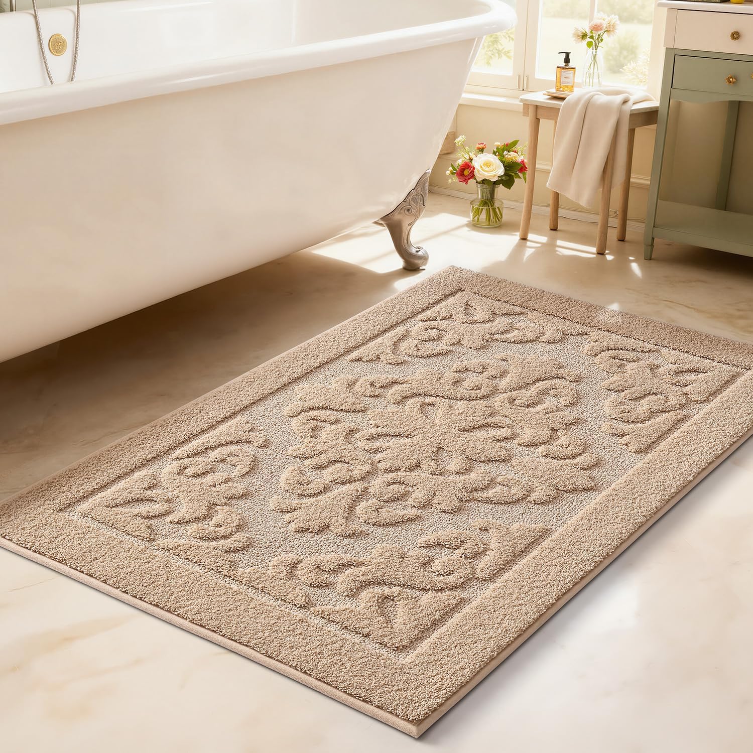 LUMI Ultra Absorbent Bathroom Rug Non Slip Rubber Backing, Machine Washable Bath Mat Soft Premium Microfiber, Elegant Floral Bath Rugs Quick Dry for Bathtub and Shower Floor, Decor, 24x36