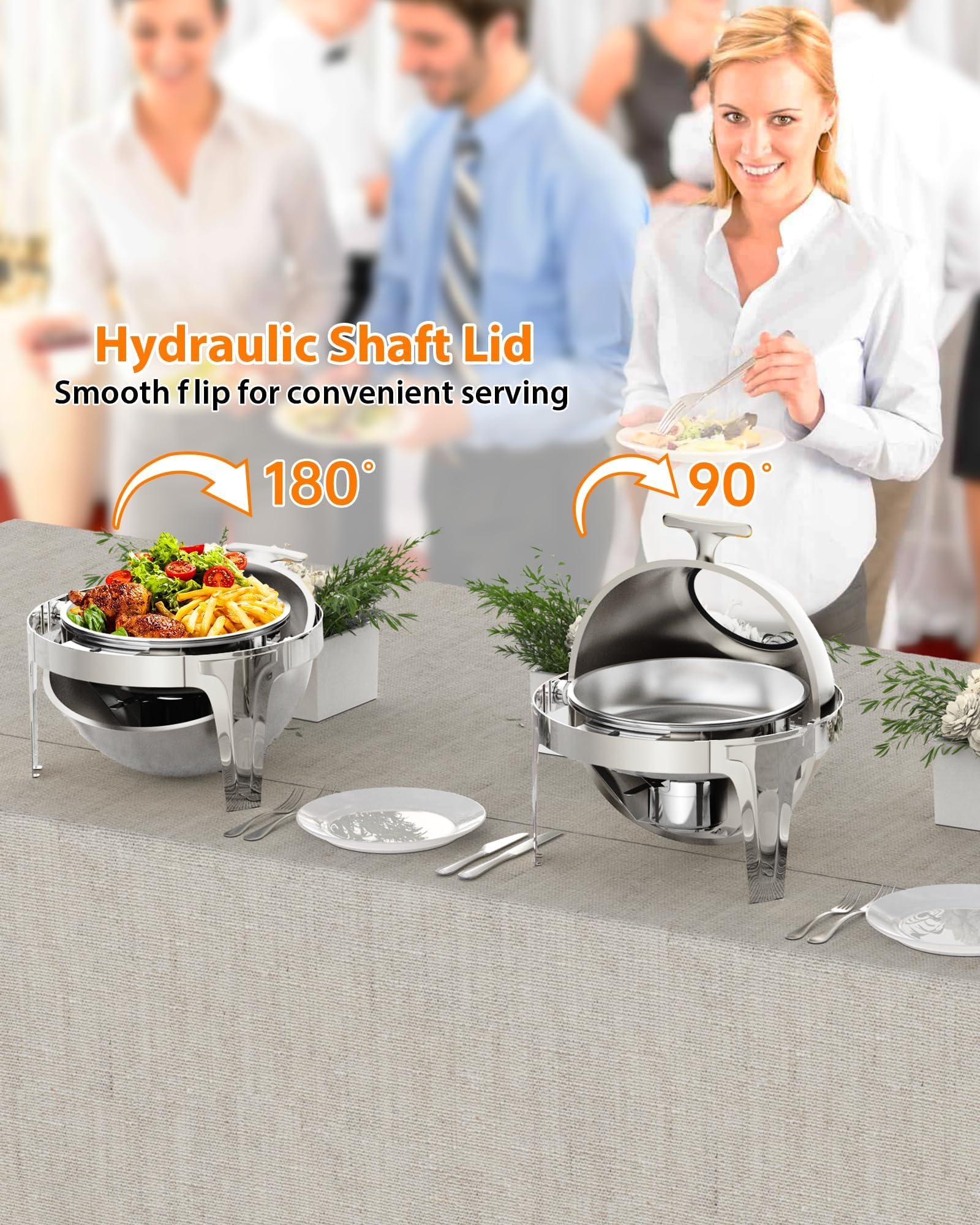 Chafing Dish Redondo 6L, Calentador de Comida con Tapa Enrollable y Ventana de Vidrio, Set de Catering Acero Inoxidable para Buffet y Banquetes, Soporte Combustible, Plateado