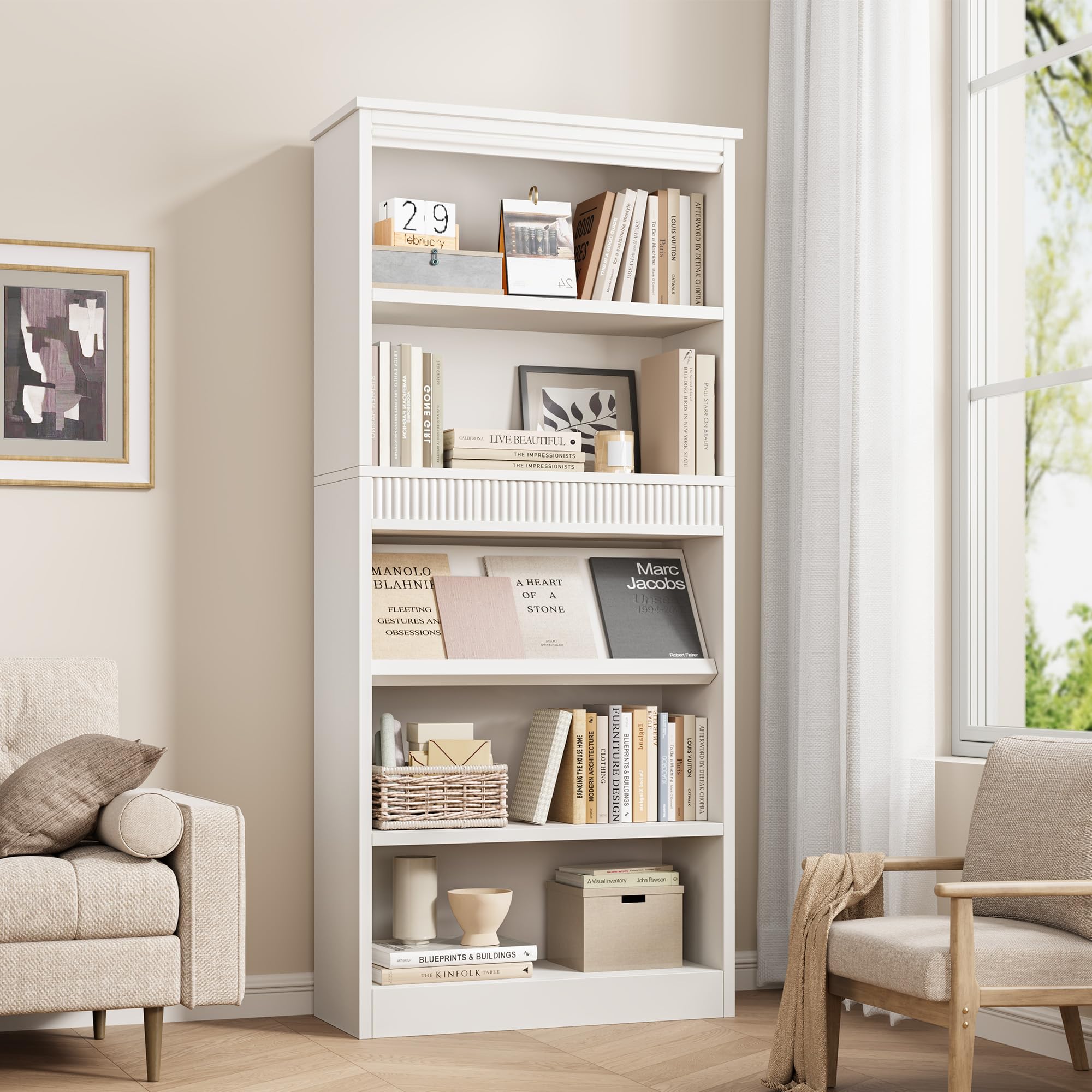 Photo 1 of ***FACTORY SEALED***GarveeHome 71 in Farmhouse Bookcase w/Display Rack & Fluted Design, 5 Tier Tall Bookshelf with Wooden Base, Wood Bookshelf Vintage Book Shelf for Office Library (White, 71.5" H x 30.7" W x 11.9" D)