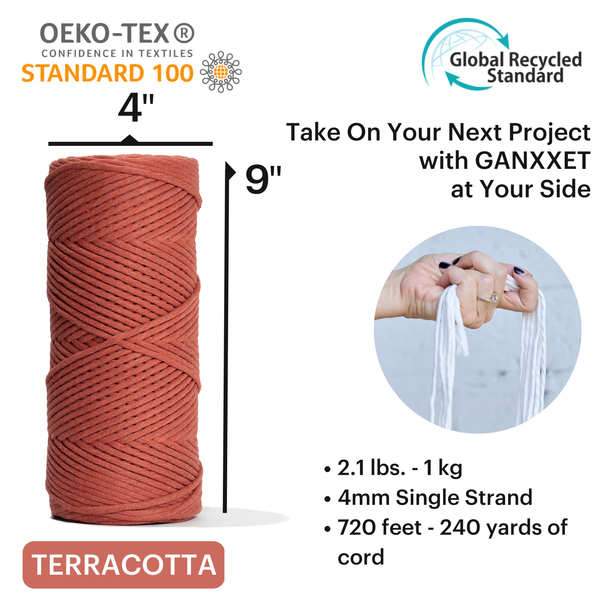 Recycled Cotton Macrame Cord 4mm x 240 Yards – Thick Single Strand Cord Made of Soft Cotton – Colored Macrame Rope Supplies for Decor, Crafts & Plant Wall Hangers by GANXXET, 720 Ft., Terracotta