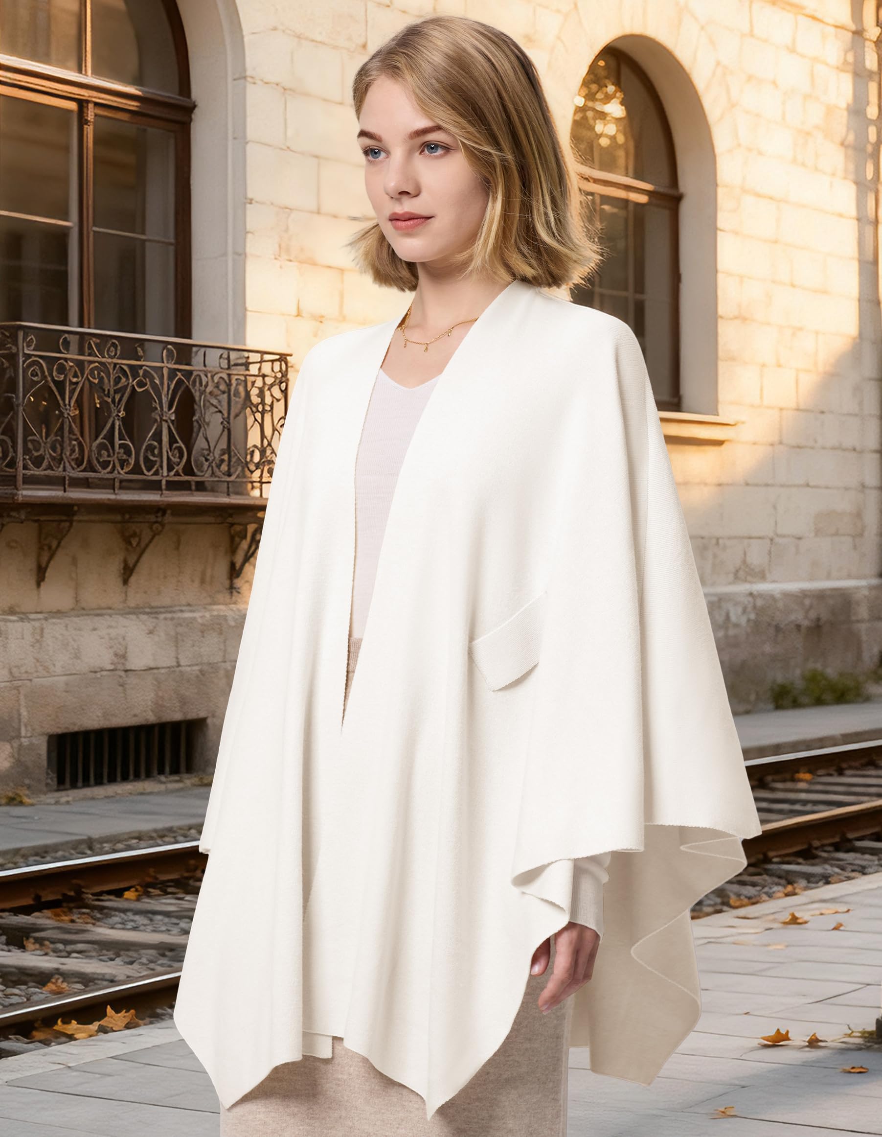 FUGREEN Châle pour femme - Grand poncho chaud avec croix sur le devant - Élégant - Pour mariage, voyage, automne, hiver, printemps