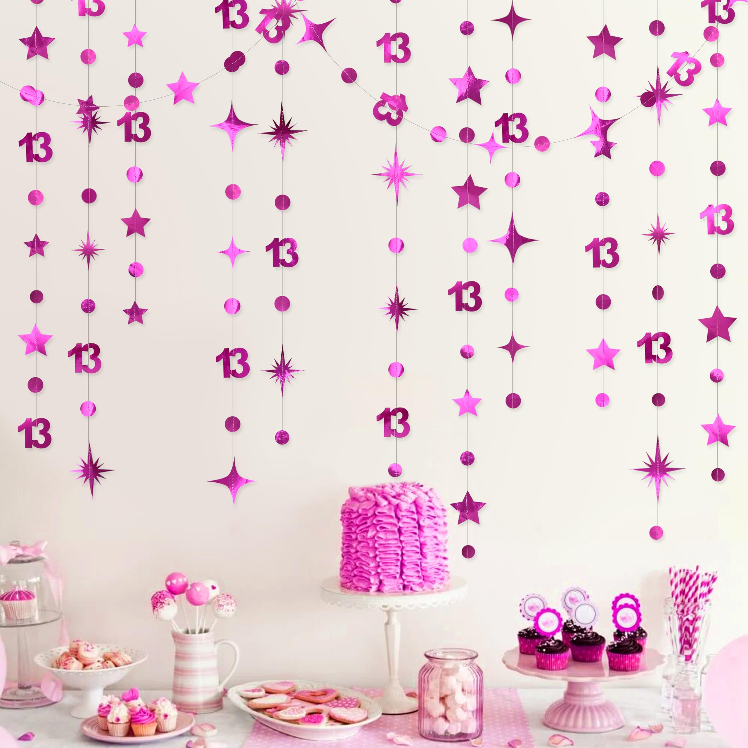 PinkBlume Hot Pink 13th Birthday Decorations Number 13 Circle Dot Twinkle Star Garland Hanging Streamer Banner Backdrop Girls Year Old Thirteen Official Teenager Anniversary Party Supplies,(mzr450) — image 1