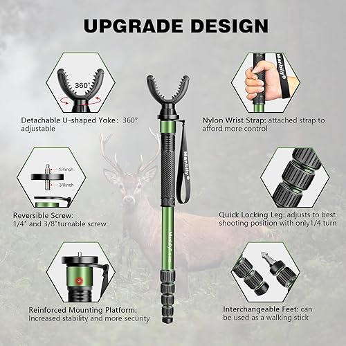 Miniatura 3 de Manbily Bastón de tiro monopie para caza, soporte de aluminio con cabeza de descanso en forma de U y mango de bastón, hasta 68 pulgadas, verde (sin