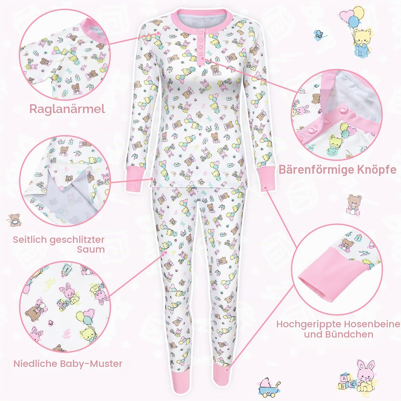 LittleForBig Damen Seidige Lange Ärmel Kuschelig Atmungsaktiv Baby Cuties Schlafanzug Set Zweiteilig Weich Stretchy Nachtwäsche