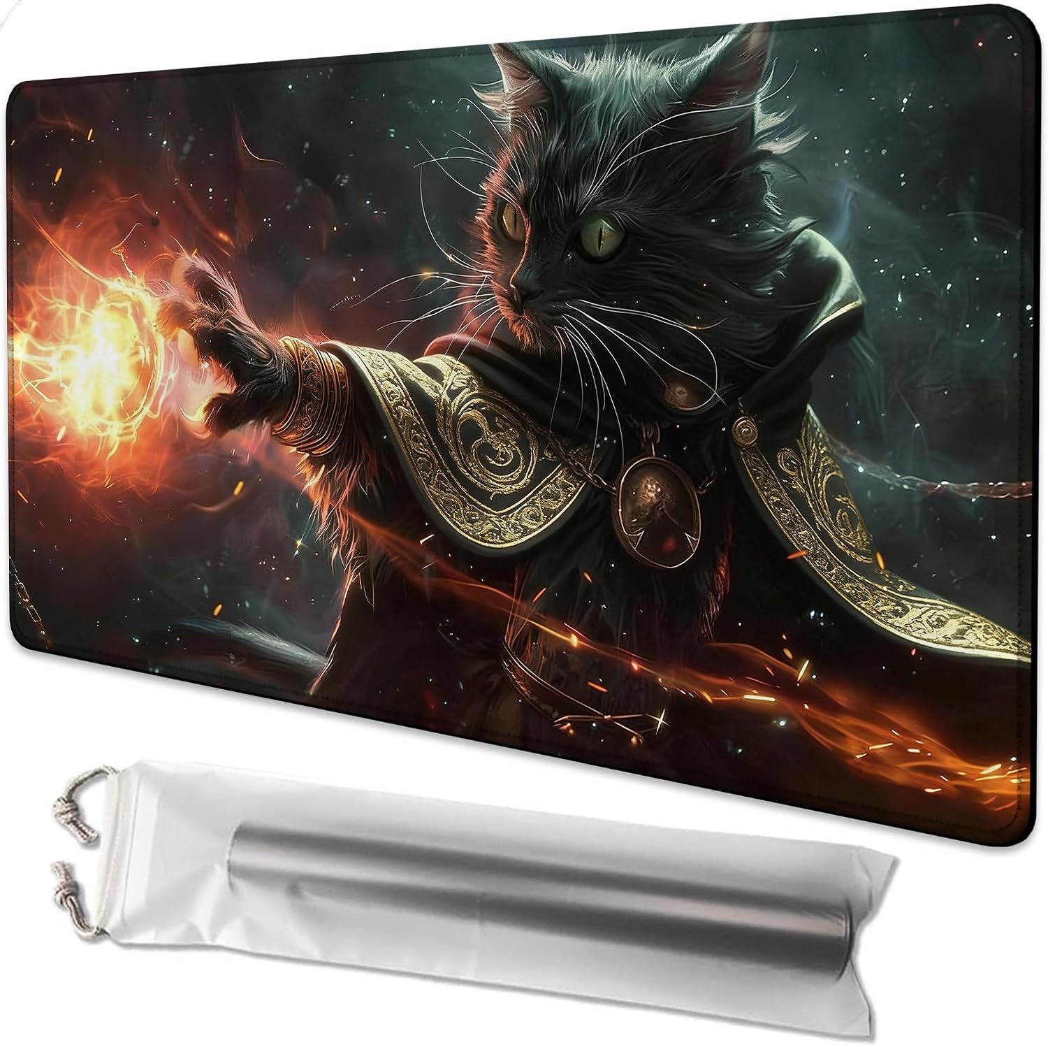 Playmat for MTG Mystical Cat Magic Play Mat 24x14 Inch Card Game Mat for Magic The Gathering TCG PTCG Playmat with Free Storage Bags Non-Slip Backing and Stitched Edge