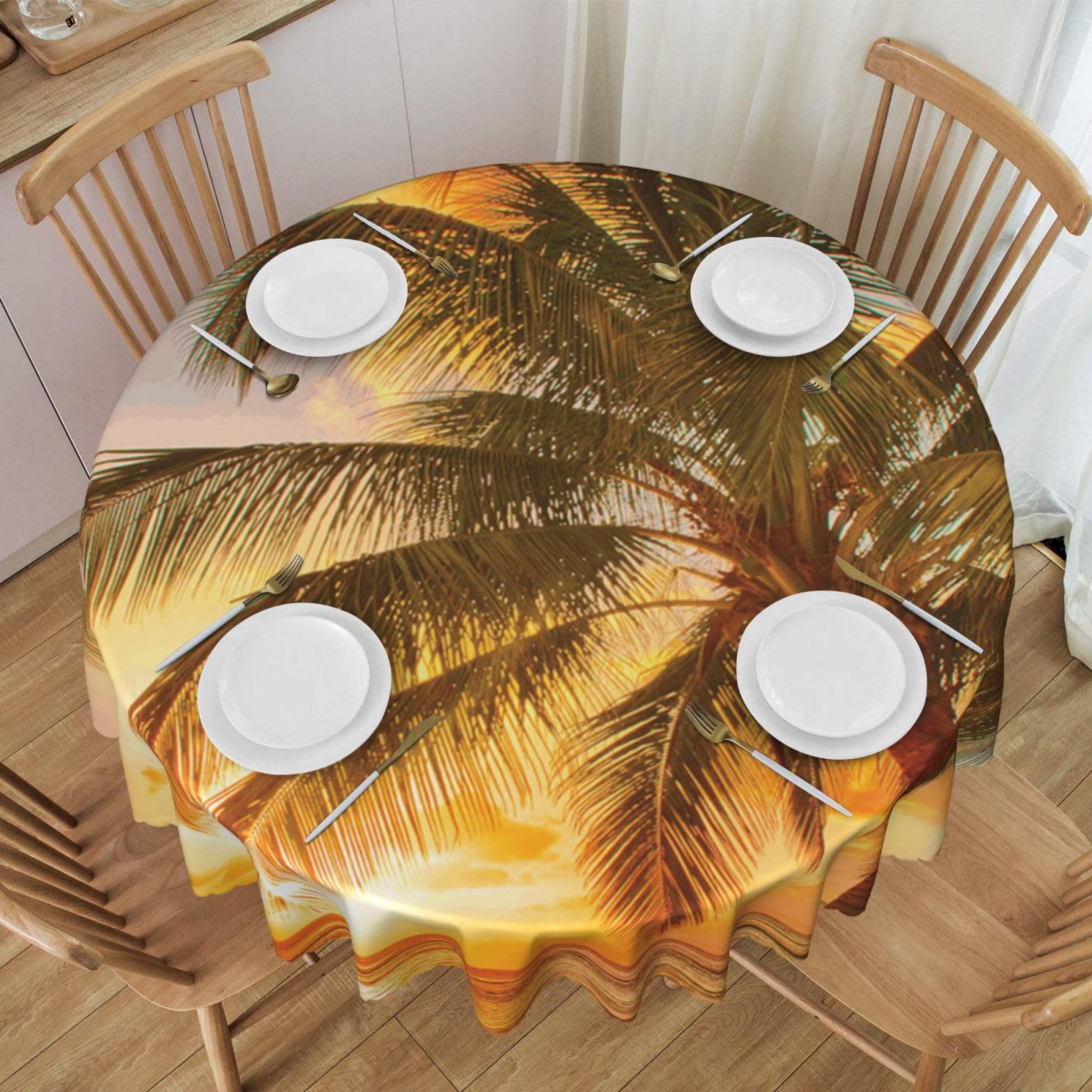 DCEHGEW 60 In Round Tablecloth with Lace, Tropical Beach Palm Tree Sunset Printed Oilproof & Washable Fabric Picnic Table Cloth Table Covers