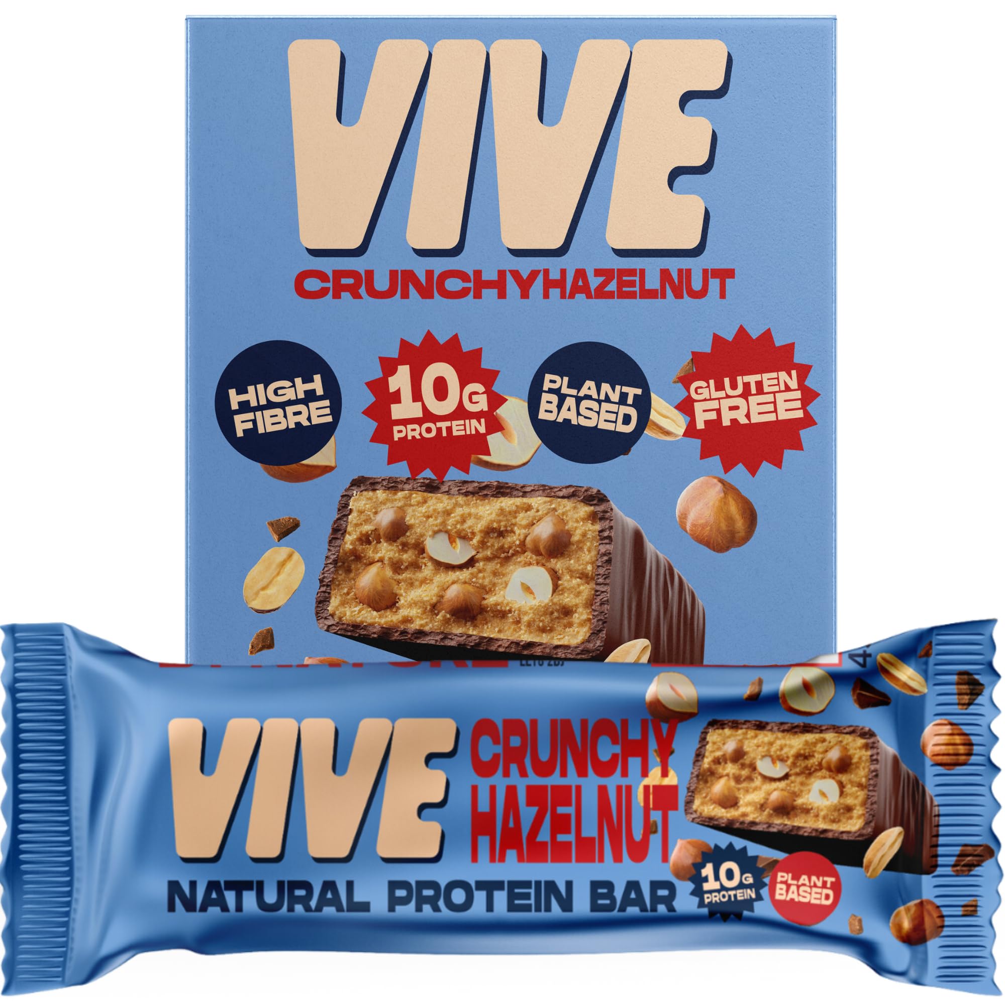 Vive Natürlicher Veganer High Protein Riegel - High Protein, 100% natürlich (Haselnuss, x12)