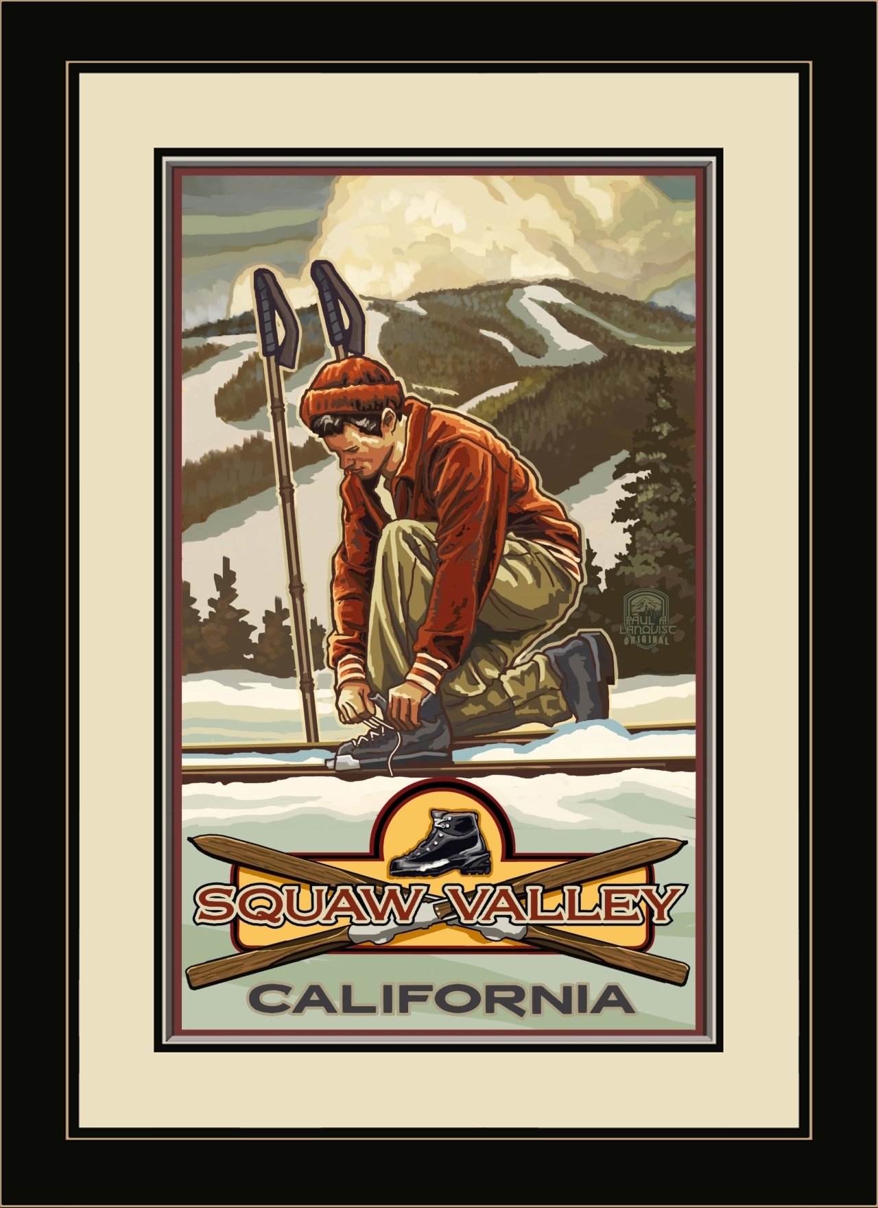 Northwest Art Mall PAL-5903 FGDM CB Squaw Valley California Classic Binding Skier Framed Wall Art by Artist Paul A. Lanquist, 16 x 22