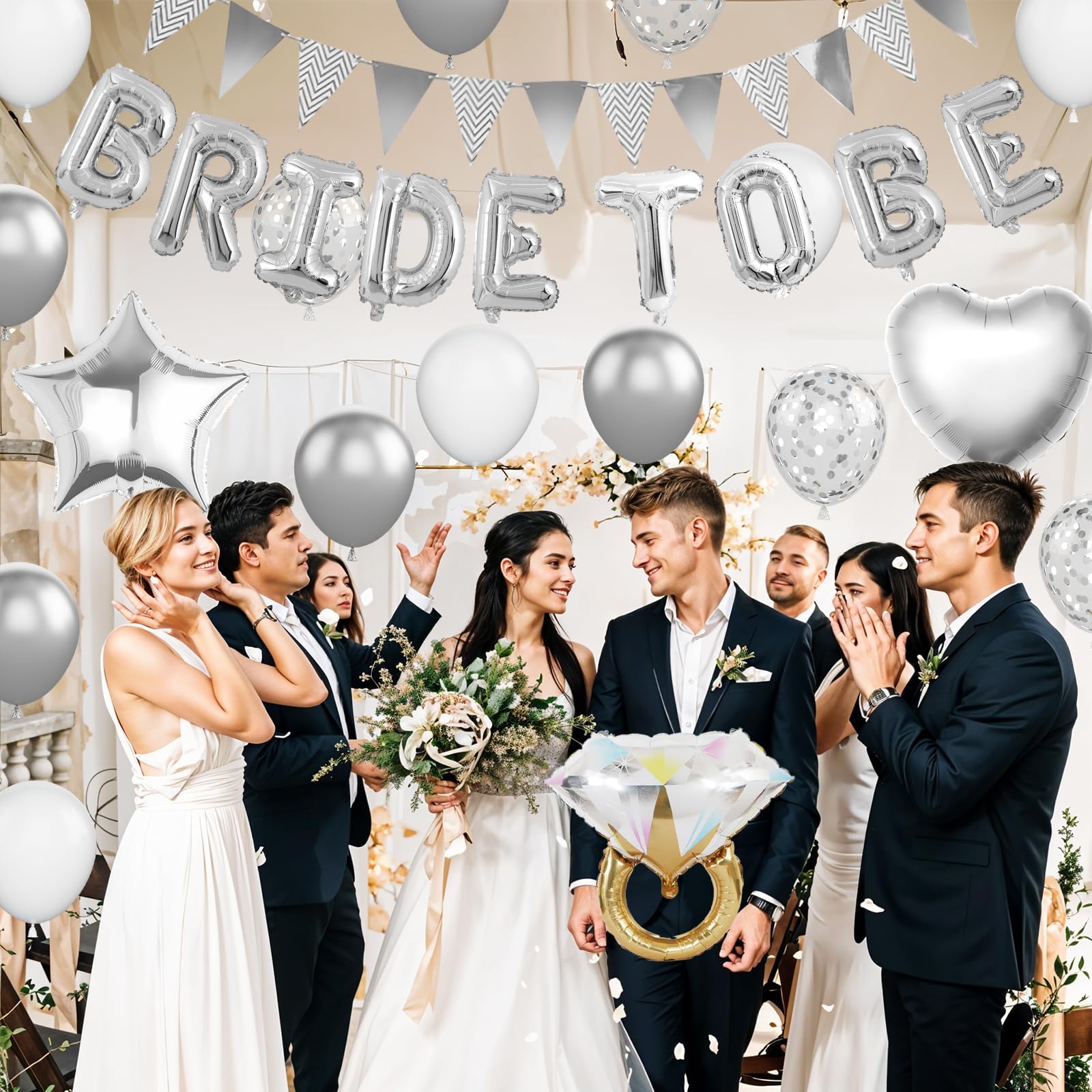Decoraciones de despedida de soltera plateadas, decoraciones de cumpleaños de despedida de soltera, globo metálico plateado y blanco con anillo de diamante, globo de corazón de estrella para despedida