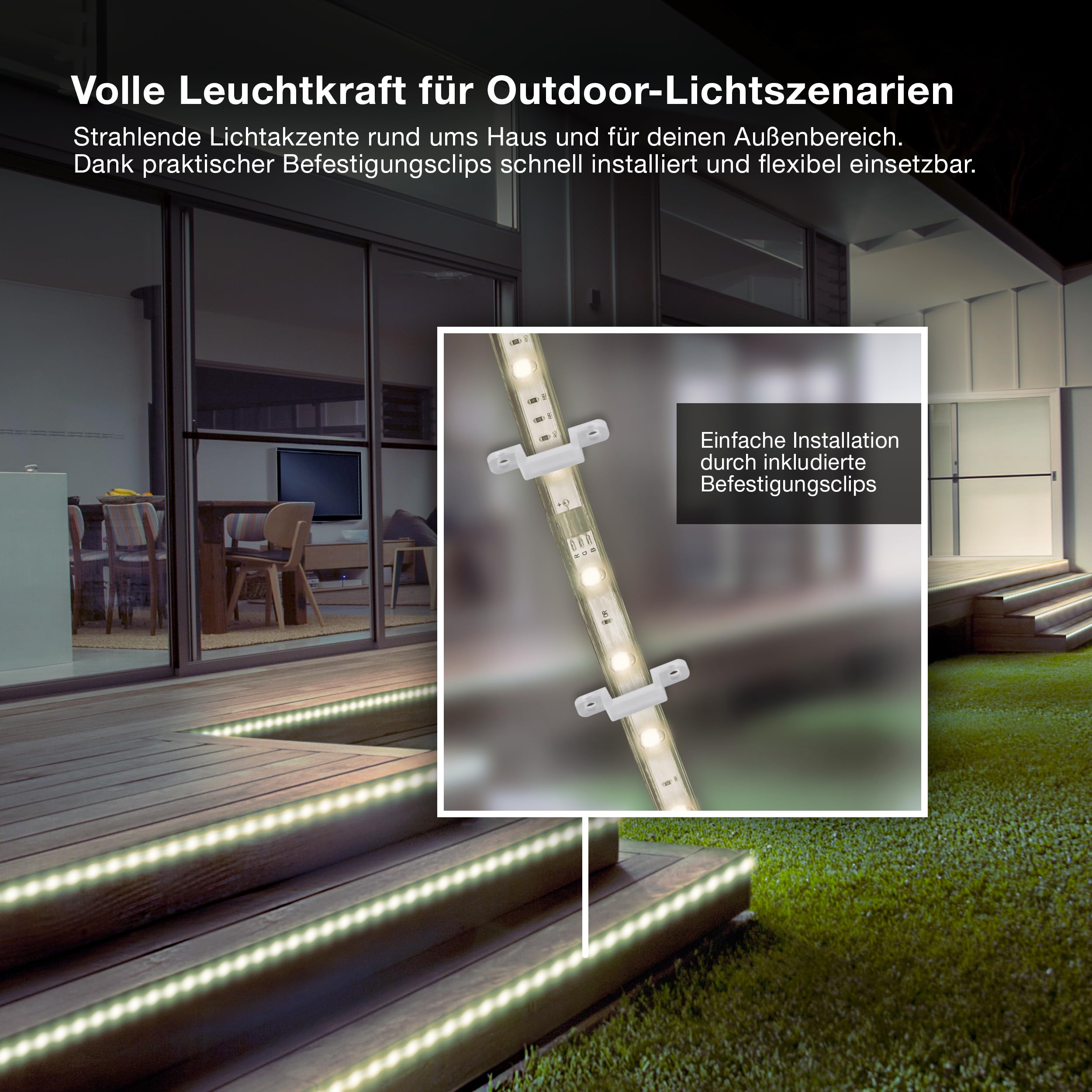 Osram Outdoor Flex LED Streifen 10M IP65, kaltweiß, bis 50 m erweiterbar, inkl. Kabeltrommel, Montagezubehör, Anschlusskabel