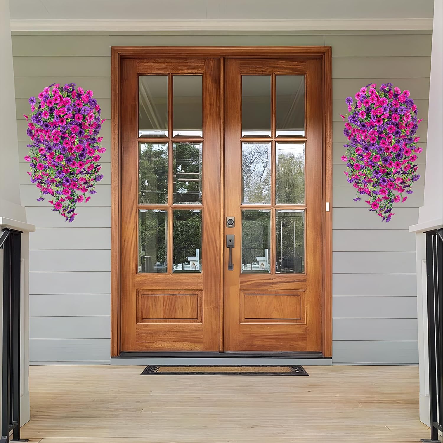Artificial Hanging Petunias Flowers for Outdoor, 2pcs Fake Plants Long Vine Morning Glory Eucalyptus, UV Resistant Realistic Faux Greenery Indoor Outside Patio Porch Garden Spring Summer Decor, Purple - Image 5