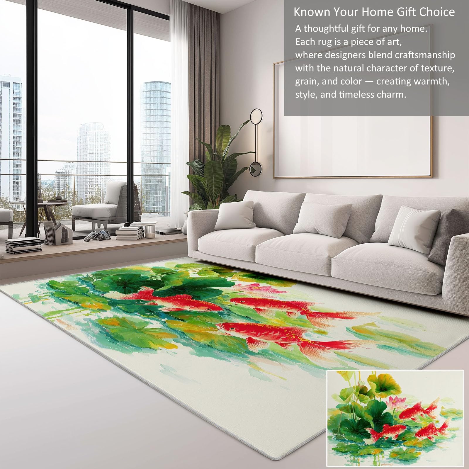 Goldfish - Alfombra antideslizante con diseño de hojas de estanque de loto, 120 x 170 cm, lavable a tinta, alfombra para dormitorio de niños y niñas, alfombra de suelo para sala de estar, dormitorio