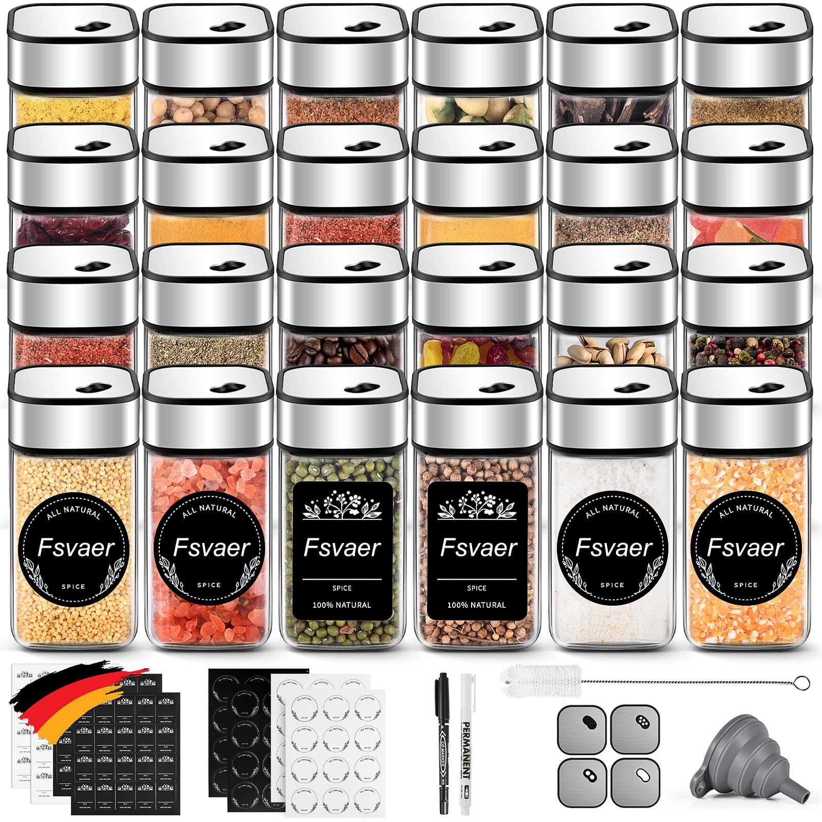24 Gewürzgläser Eckig,120ML Gewürzdosen Set mit Streueinsatz,Gewürzstreuer mit Drehdeckel-Starke Versiegelung,Edelstahl-Glas Gewürz Organizer inklusive Trichter, Etikett und Stift