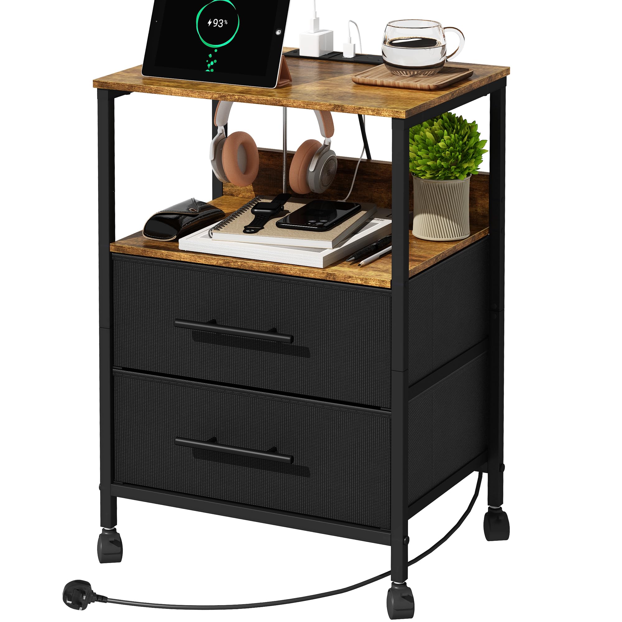 MYGIIVOVO Bedside Table with Charging Station, Nightstand with 2 USB Ports for Bedroom, with 4 Castors and 2 Fabric Drawers (2 Drawers, Black)