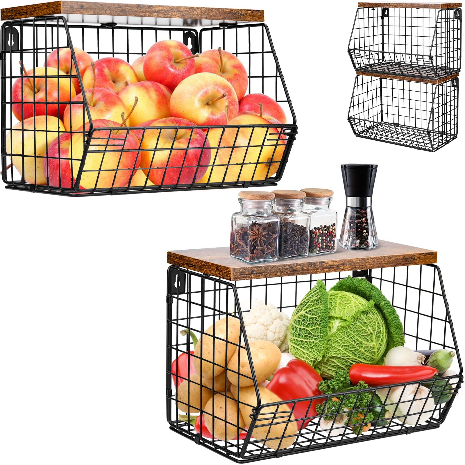 Lot De 2 Paniers à Fruits Muraux Empilables OHMG - Rangement Cuisine En Métal Et Bois