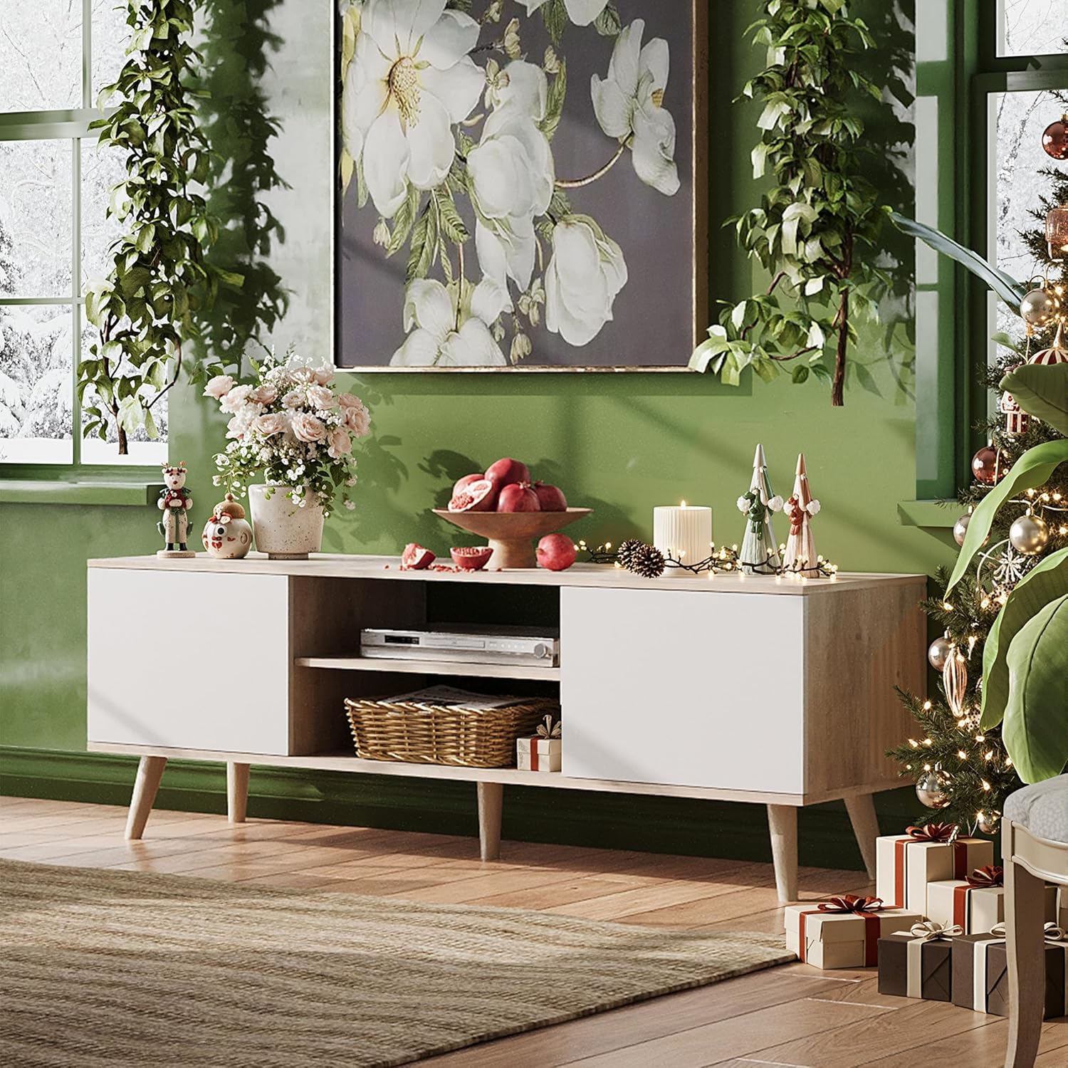 wlive mid-century modern tv stand for 55/60 inch tv, entertainment center with storage & adjustable shelves, media console with soft-close cabinets for living room/bedroom, greige white 54 inch greige