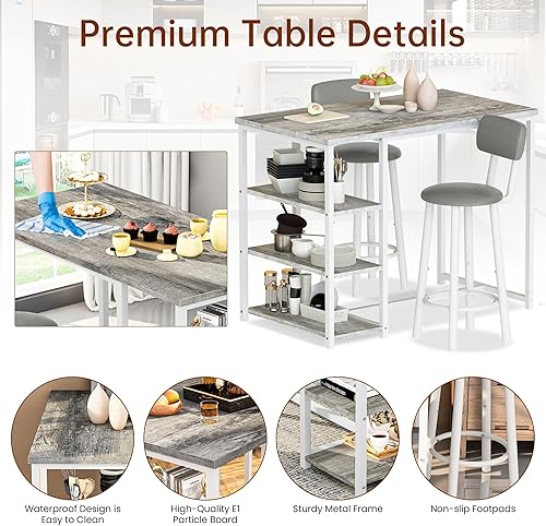 Miniatura 14 de DKLGG Juego de mesa de comedor para 2, mesa de pub de altura de mostrador con 2 taburetes de cuero sintético con respaldo ancho y 3 estantes de