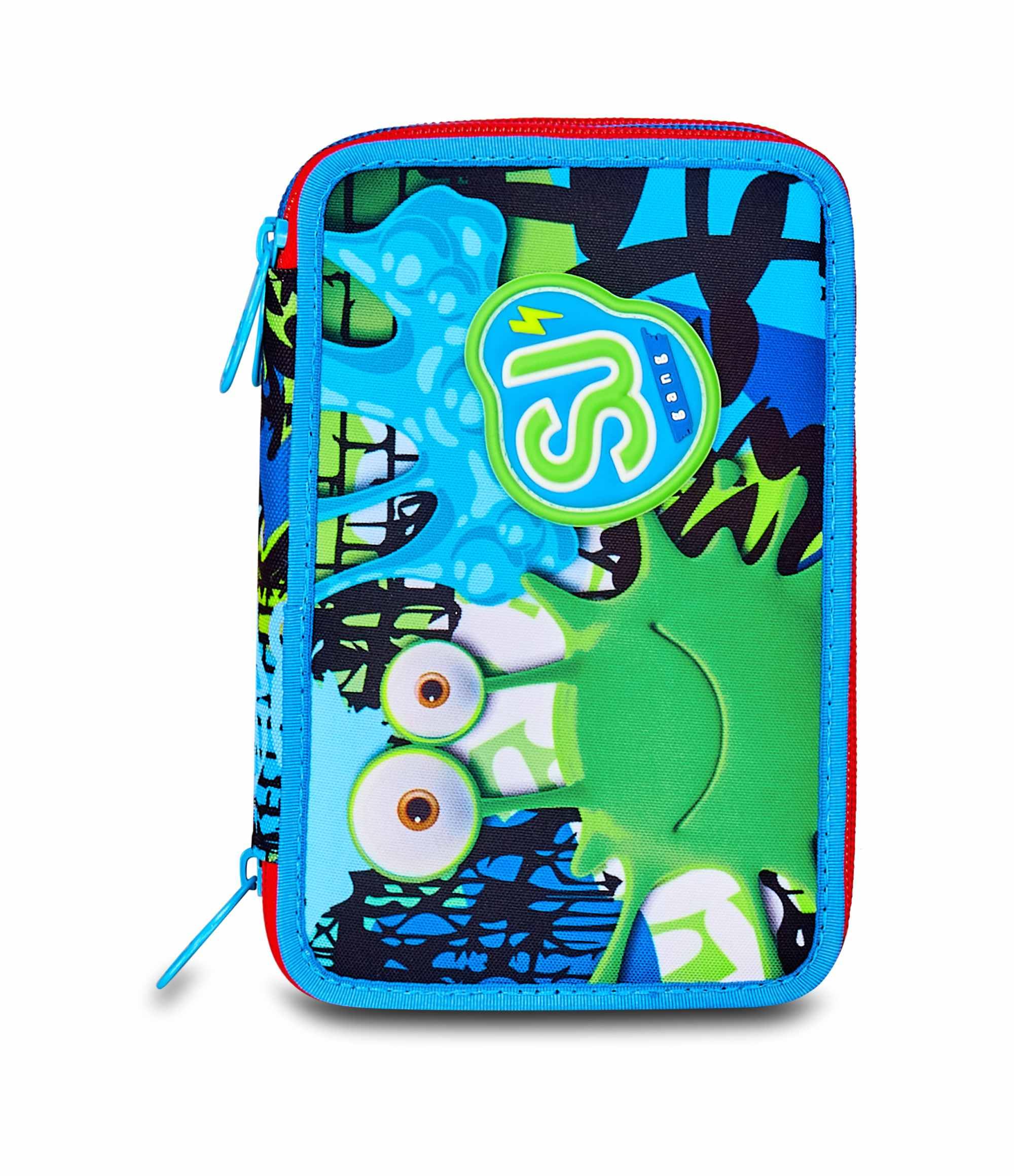 SJ GANG STYLE JAM GANG Astuccio Scuola 3 Zip,Blu, Portapenne Triplo Scomparto Completo Di Penne, Matite, Colori, Accessori Zaino, Scuola Elementare, Bambino