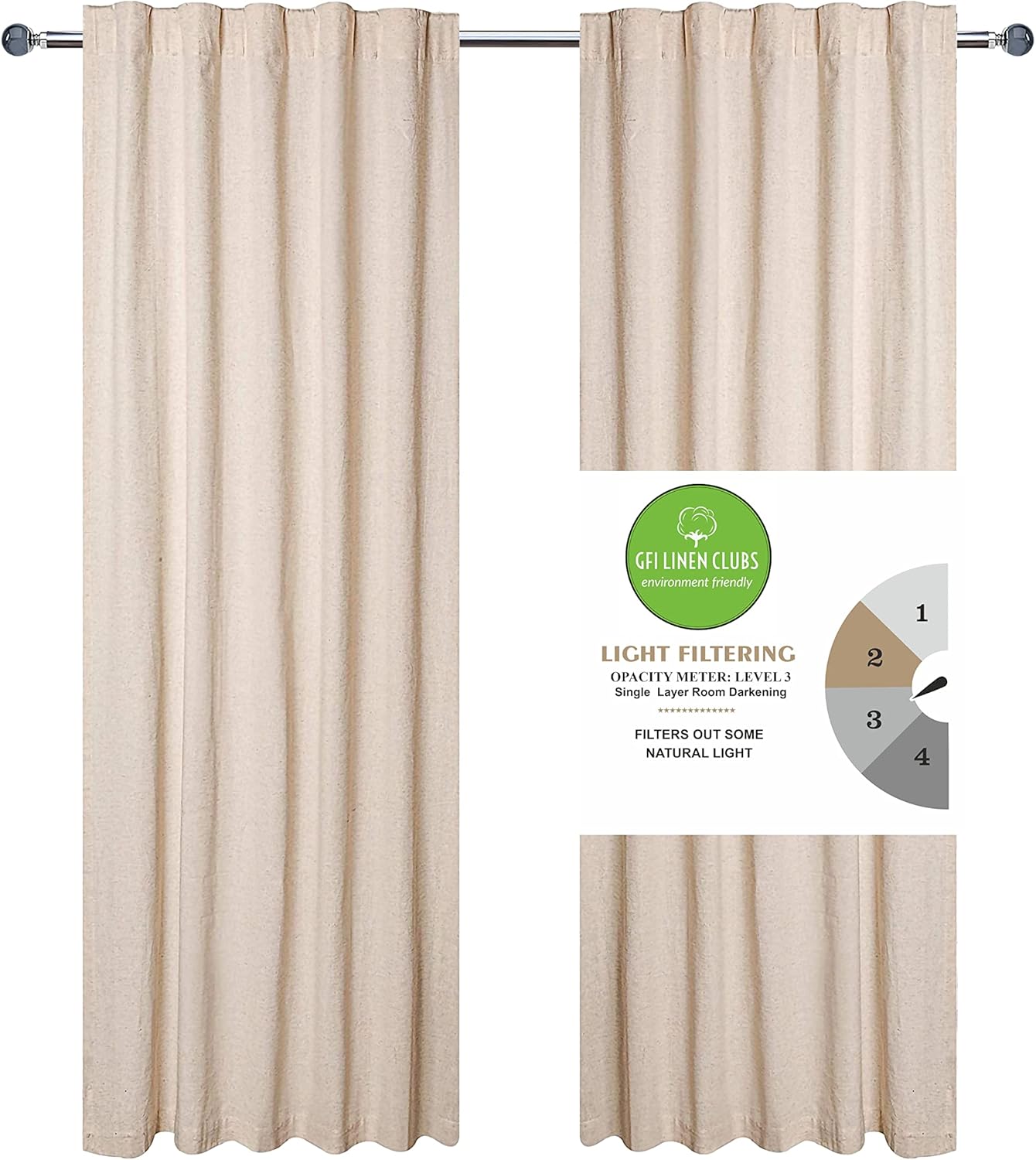 GFI LINEN CLUBS Natural Cotton Tab Top Curtains – 50x72 inch Window Panel Set, 2 Panels for Living Room, Bedroom or Bathroom