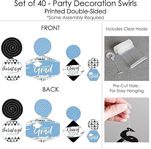 Miniatura 6 de Big Dot of Happiness Decoraciones de graduación azul claro de 2025 espirales colgantes – Juego de 40