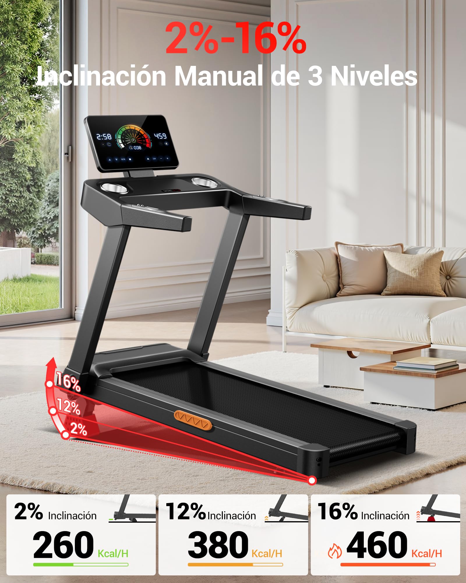CURSOR Cinta de Correr Plegable con Inclinación 16%, 14 KM/H, 180kg | Cinta de Andar con Frecuencia Cardíaca, 3.5HP Caminadora Electrica para Casa, LED, 180kg, Fácil Transporte