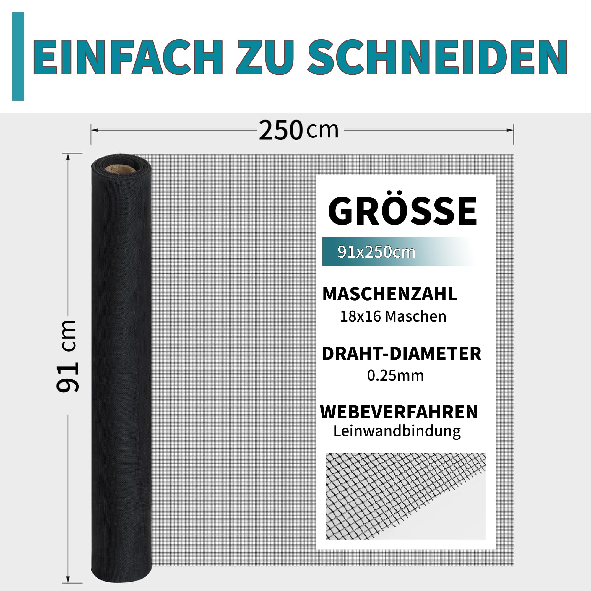 Edelstahlgewebe Fliegengitter Schwarz 91 x 250cm Fliegengitter Metall Katzenkratzfest Fliegennetz, Ersatz für Fliegengitter Balkontür Wohnwagen, Drahtgitter Feinmaschig | Insektenschutzgitter