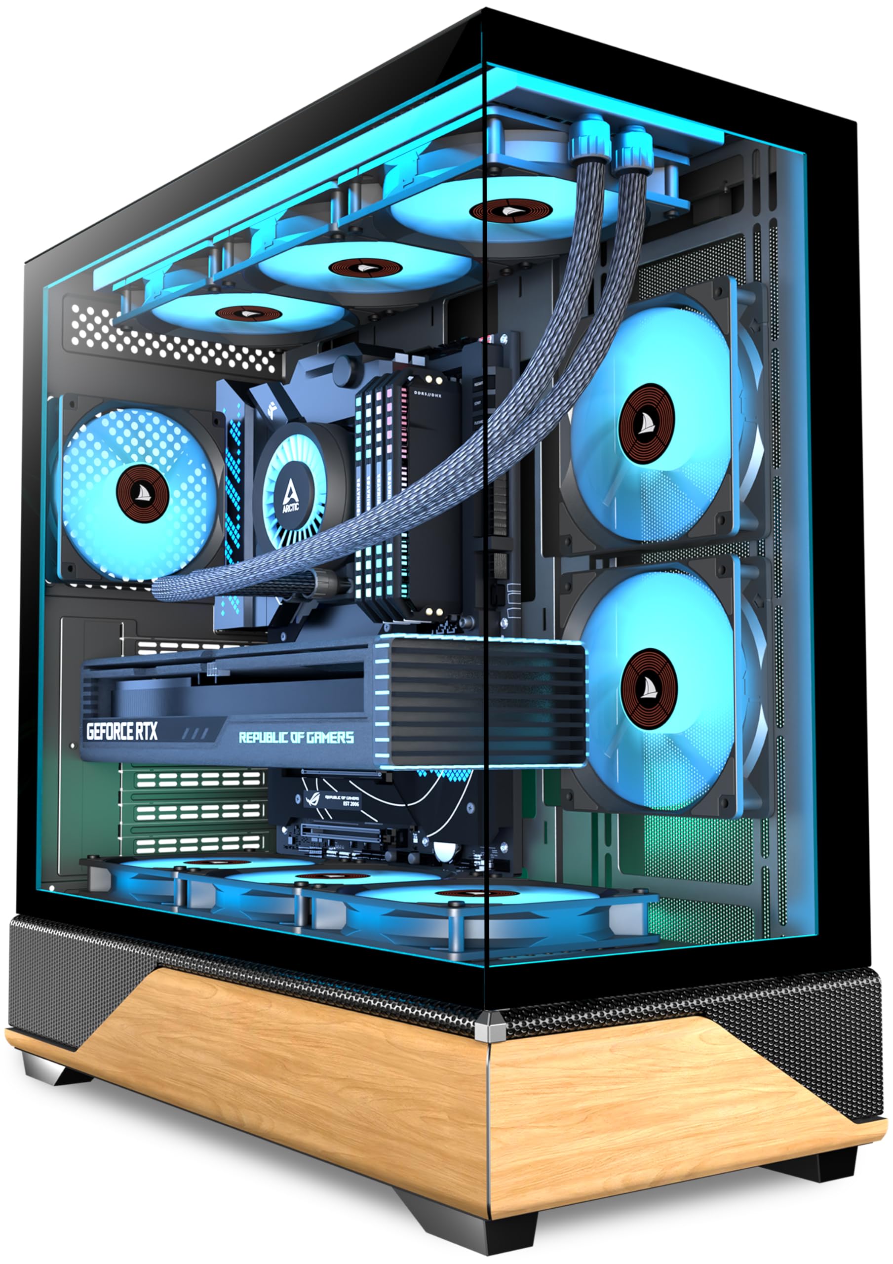 KEDIERS PC Gehäuse Vorinstallierter 5 × 120MM Schwarz Lüfter, ATX Mid Tower PC Gehäuse, Computergehäuse mit Panoramaaussicht Gehärtetes Glas Front Panel,Schwarz/Walnussholz,Neue P6-Version