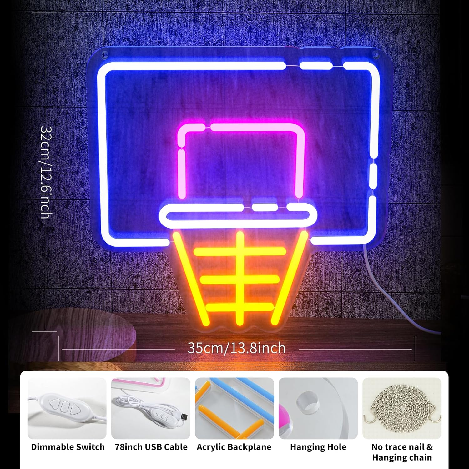Basketball Hoop Neon Sign for Wall Decor – LED Dimmable Light Sign with Brightness Control for Sports Fans, Kids Room, Man Cave, Bedroom, Bar, Game Room, Party & Holiday Decorations (13.8" x 12.6")