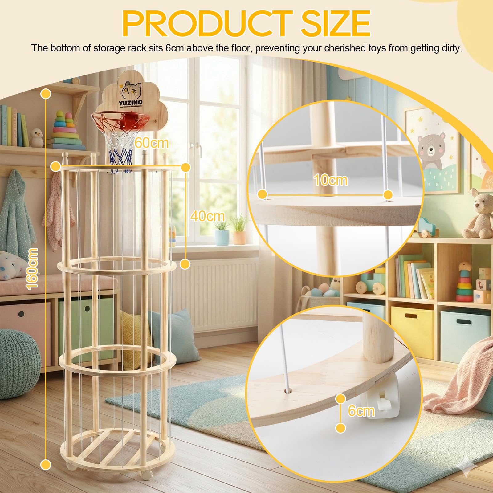 Caja de almacenamiento de 3 niveles para juguetes de peluche de madera con ruedas y canasta de baloncesto, 175 cm, gran soporte para juguetes de peluche con cuerdas elásticas para habitación