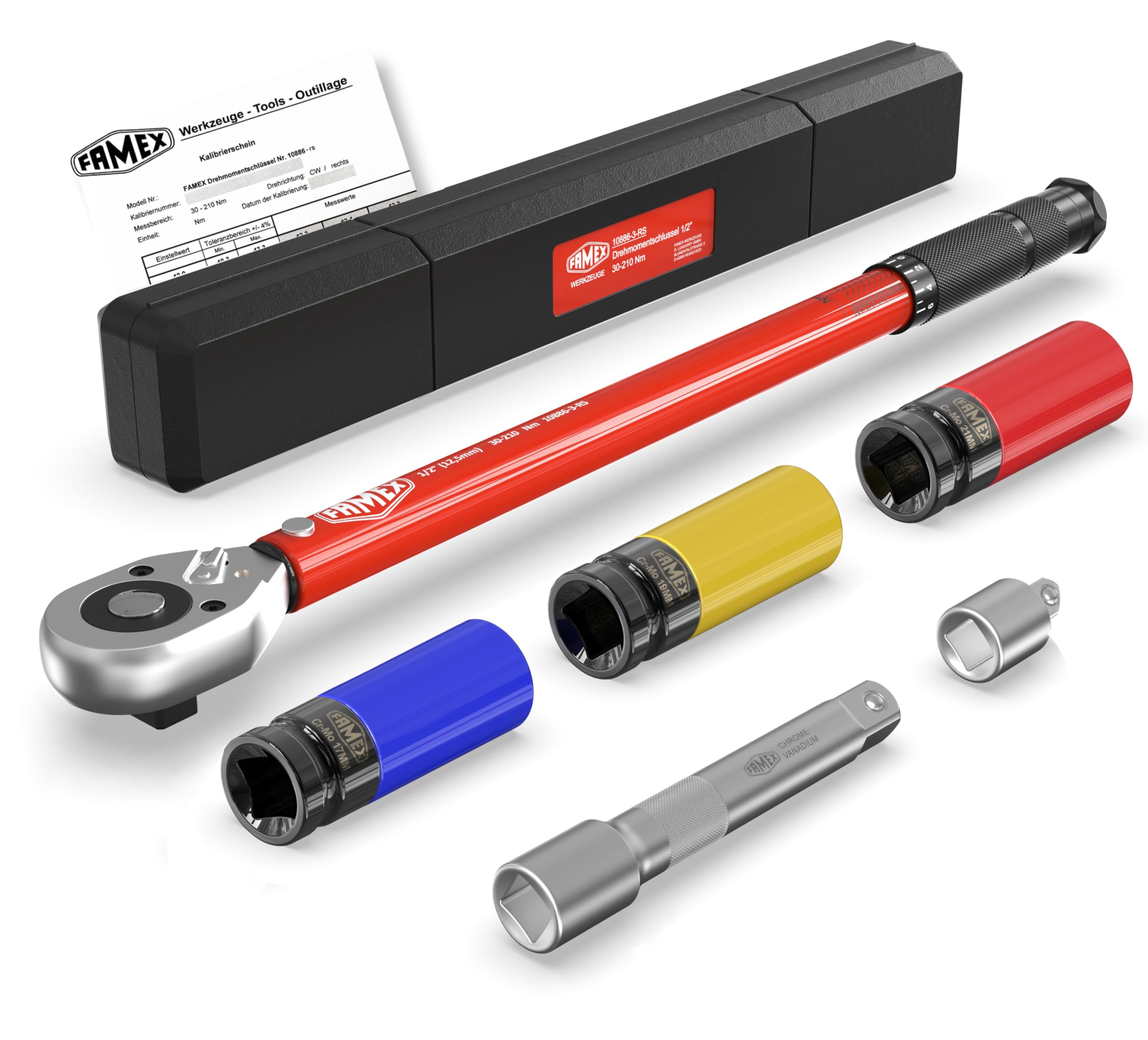 FAMEX 10886-3-RS1 klucz dynamometryczny 1/2" (12,5 mm) - 30-210 Nm - nakrętki do wkrętarki udarowej ze stali chromowo-molibdenowej, obrotowe, w zestawie przedłużacz, do samochodu, motocykla, vana