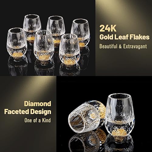 Miniatura 3 de DUJUST Vasos de chupito de diamante (1.5 onzas), juego de chupitos de cristal decorado con copos de hoja de oro de 24 quilates, vasos de chupito de