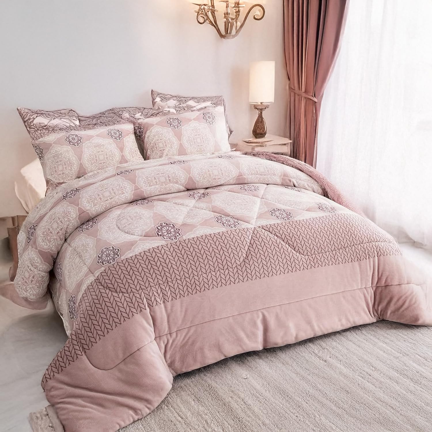 DH DREAMER HOME Edredón Borrego para Invierno 180x240cm de Cama 90/105 con 1 Funda Almohada - Edredón Sherpa Extra Suave, Cálido, Gruesa - Mandalas Rosa
