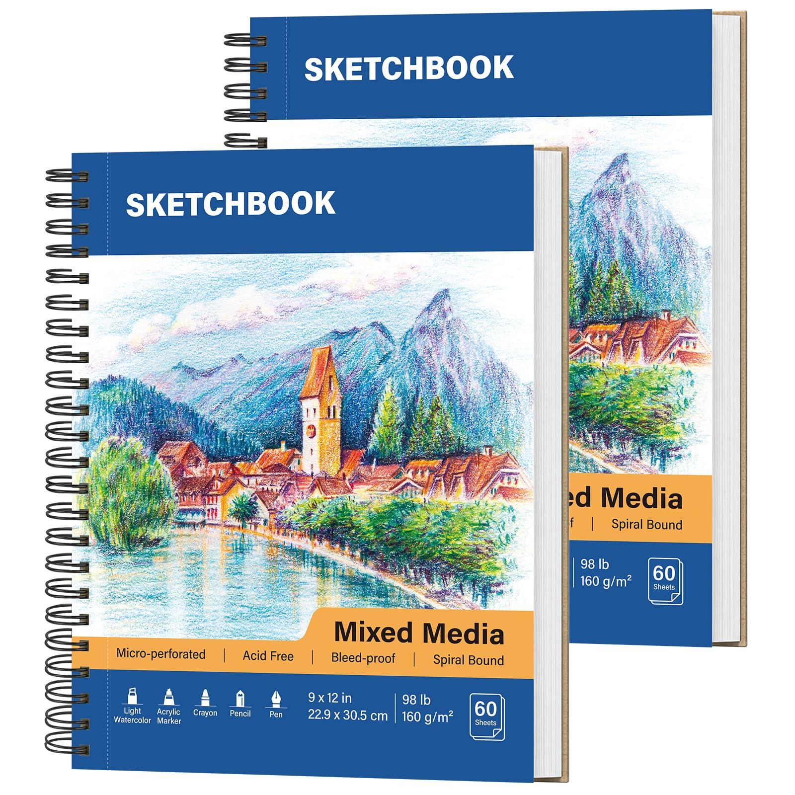 Mixed Media Sketch Book 9" x 12": 98lb/160gsm Spiral Drawing Pad, 2 Pack