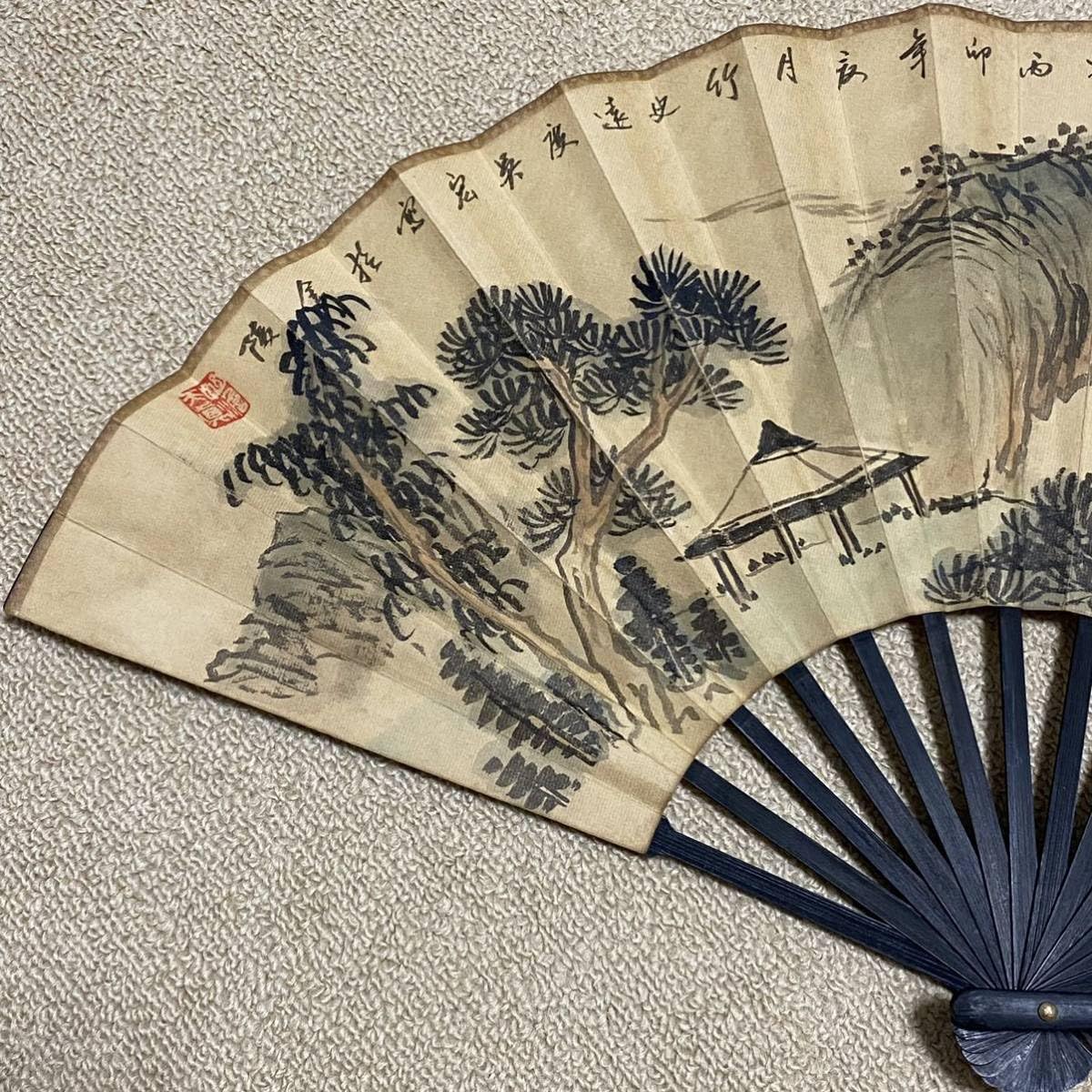 Amazon.co.jp: 旧家蔵出扇子清代名家呉宏山水扇面絵古美術古玩