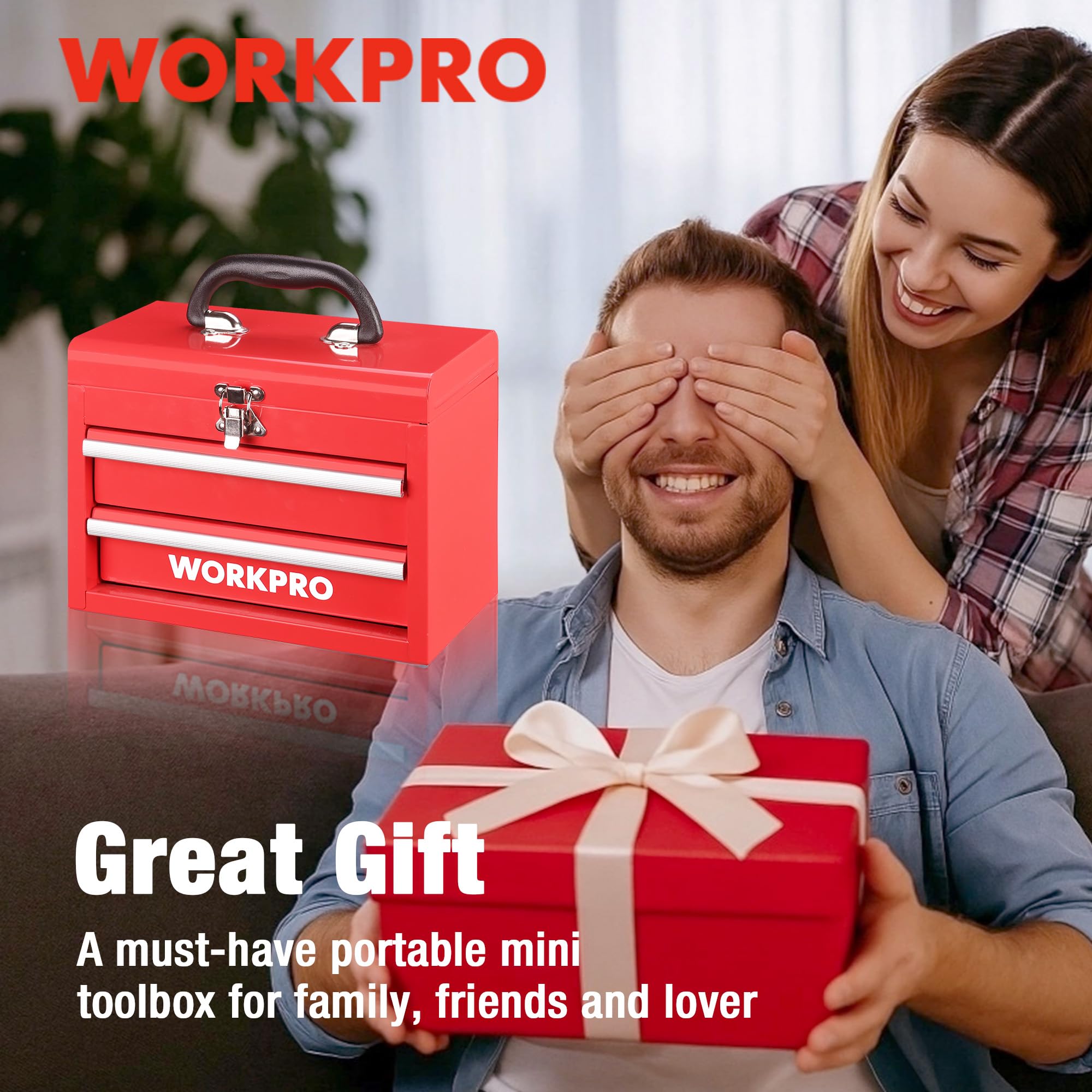 WORKPRO Przenośna mini skrzynka narzędziowa, 2 szuflady, metalowa skrzynia narzędziowa z prowadnicami z łożyskami kulkowymi, przechowywanie od góry i zamykane zatrzaski, ergonomiczny uchwyt do