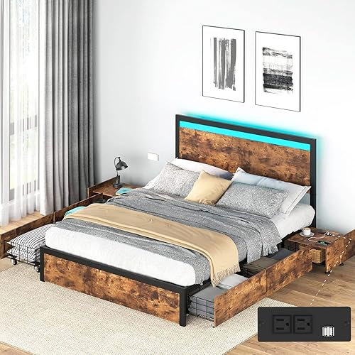 Base de cama matrimonial con 4 cajones de almacenamiento y 2 mesitas de noche, marco de cama con cabecera LED y estación de carga, marco de cama de