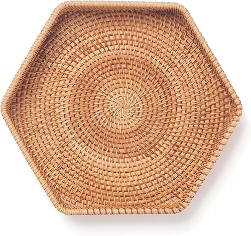 Miniatura 8 de Bandeja hexagonal de ratán para mesa de café, bandejas decorativas tejidas para otomana natural (8.7 x 1.8 pulgadas)