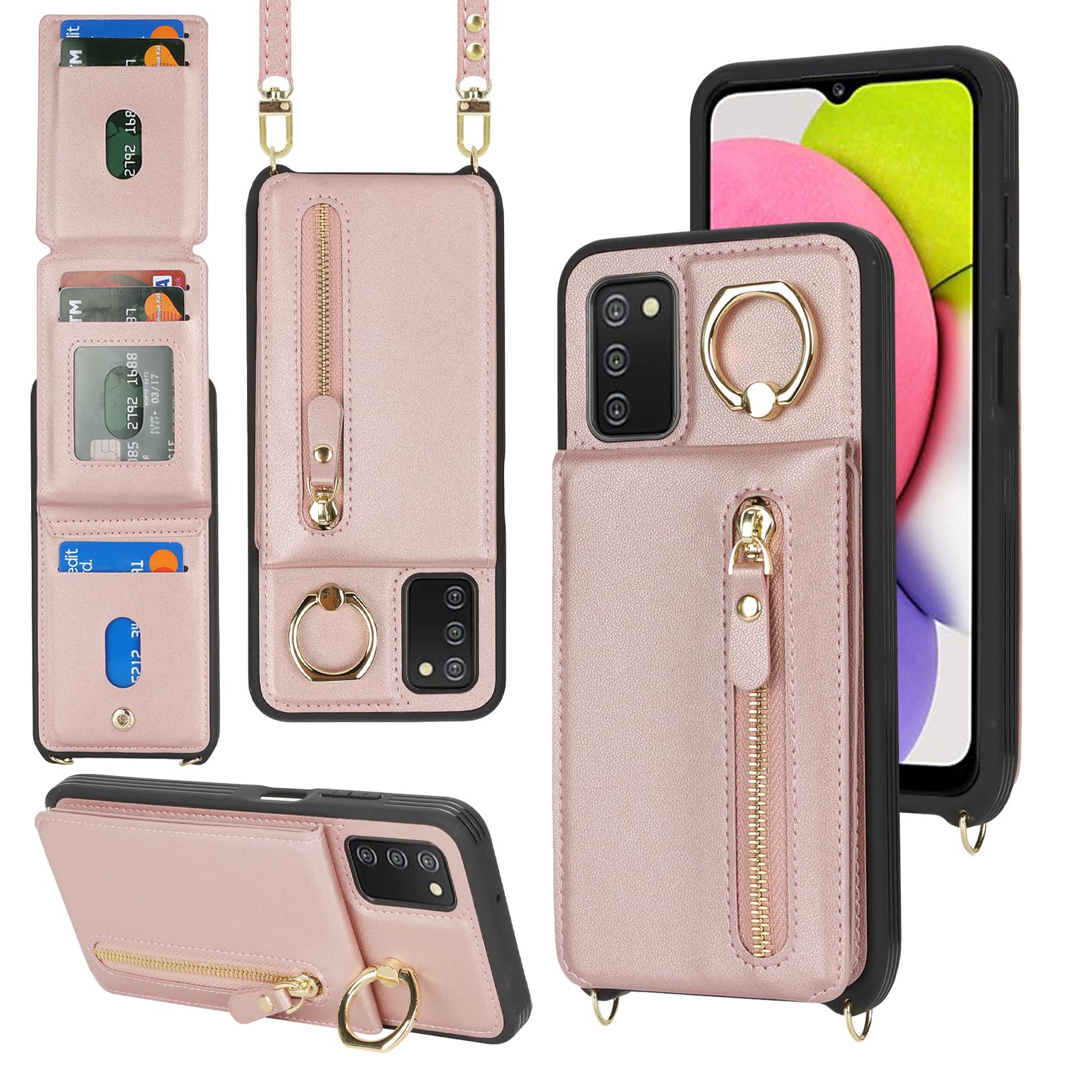 DEYHU Samsung Galaxy A03s Case with Card Holder for Women,Galaxy A03s Phone Case Wallet with strap Credit Card Slots Crossbody with Kickstand Zipper Case for GalaxyA03s - Rose gold