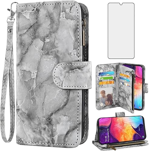 Asuwish Funda de teléfono para Samsung Galaxy A50 A50S A30S Wallet Cell Cover con protector de pantalla de vidrio templado y soporte de ranura para