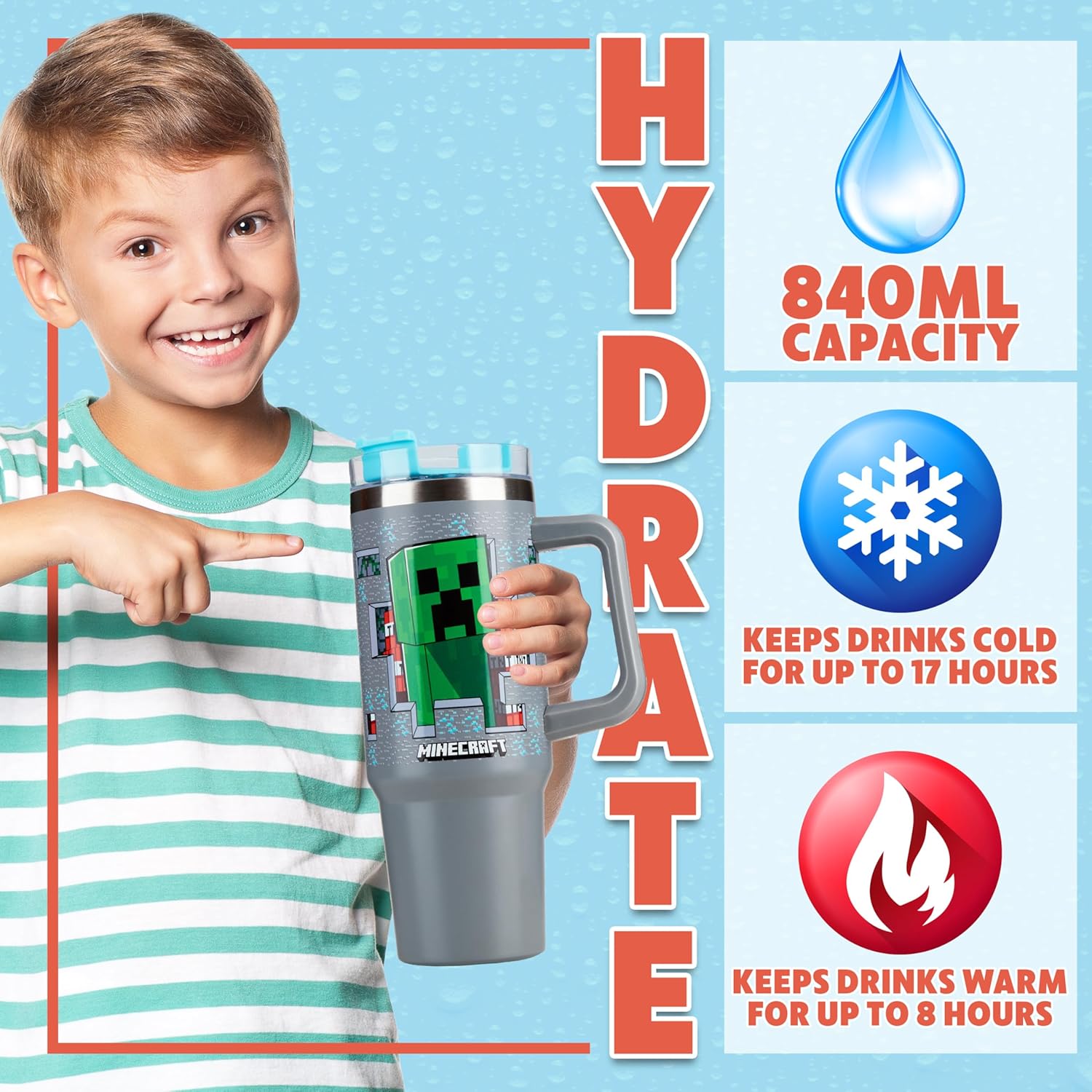 Get Trend Minecraft Kids Tumbler with Straw 28oz Insulated Cup with Lid Handle No Spill Travel Mug School Sports Drinking Cup Gifts for Kids (Grey Minecraft) - Image 2