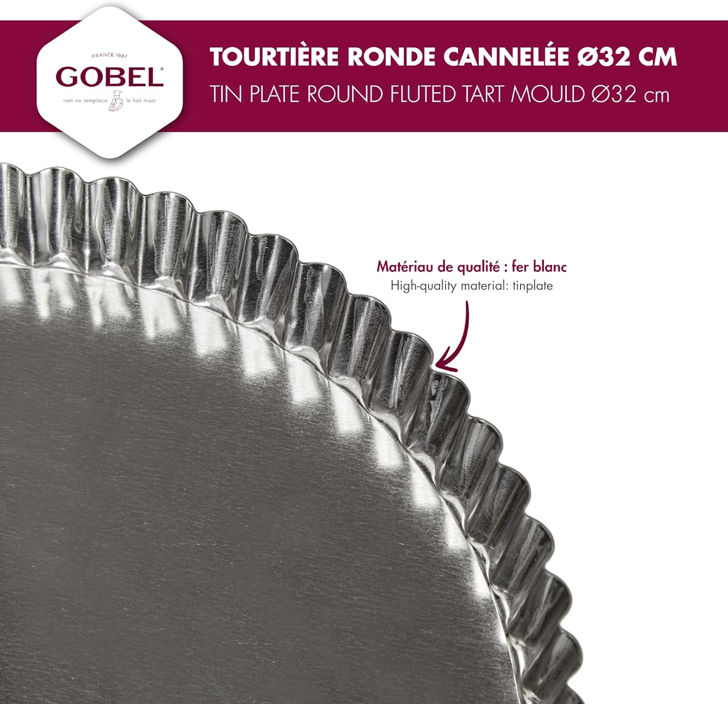 Gobel 126350 Round Fluted Pie Mould with Fixed Base Tinplate Diameter 32 cm