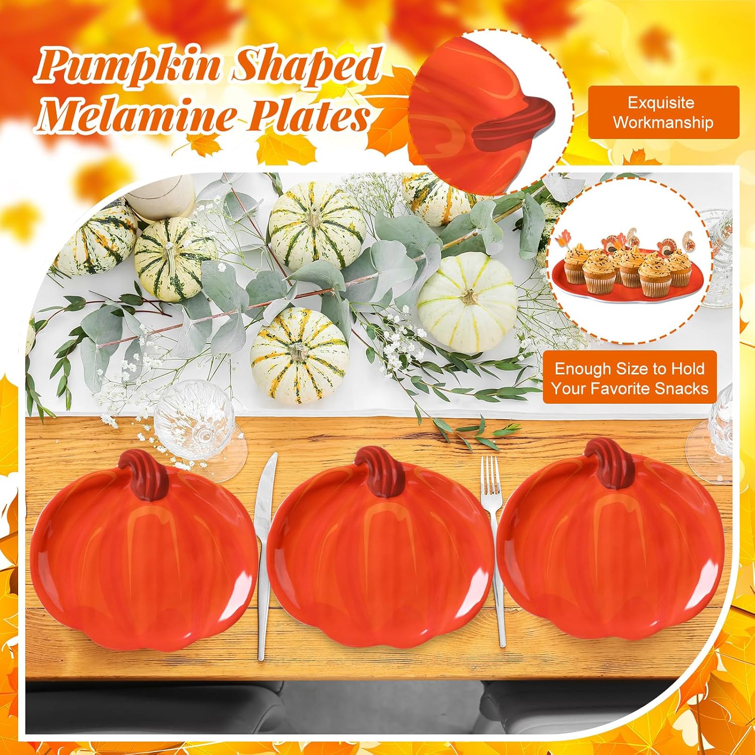 Rtteri 4 Pcs Pumpkin Shaped Plates Set Thanksgiving Serving Platter 8 Inch Fall Harvest Trays Decoration Salad Dessert Turkey Dish for Autumn Thanksgiving Party Supplies(Classic Style)