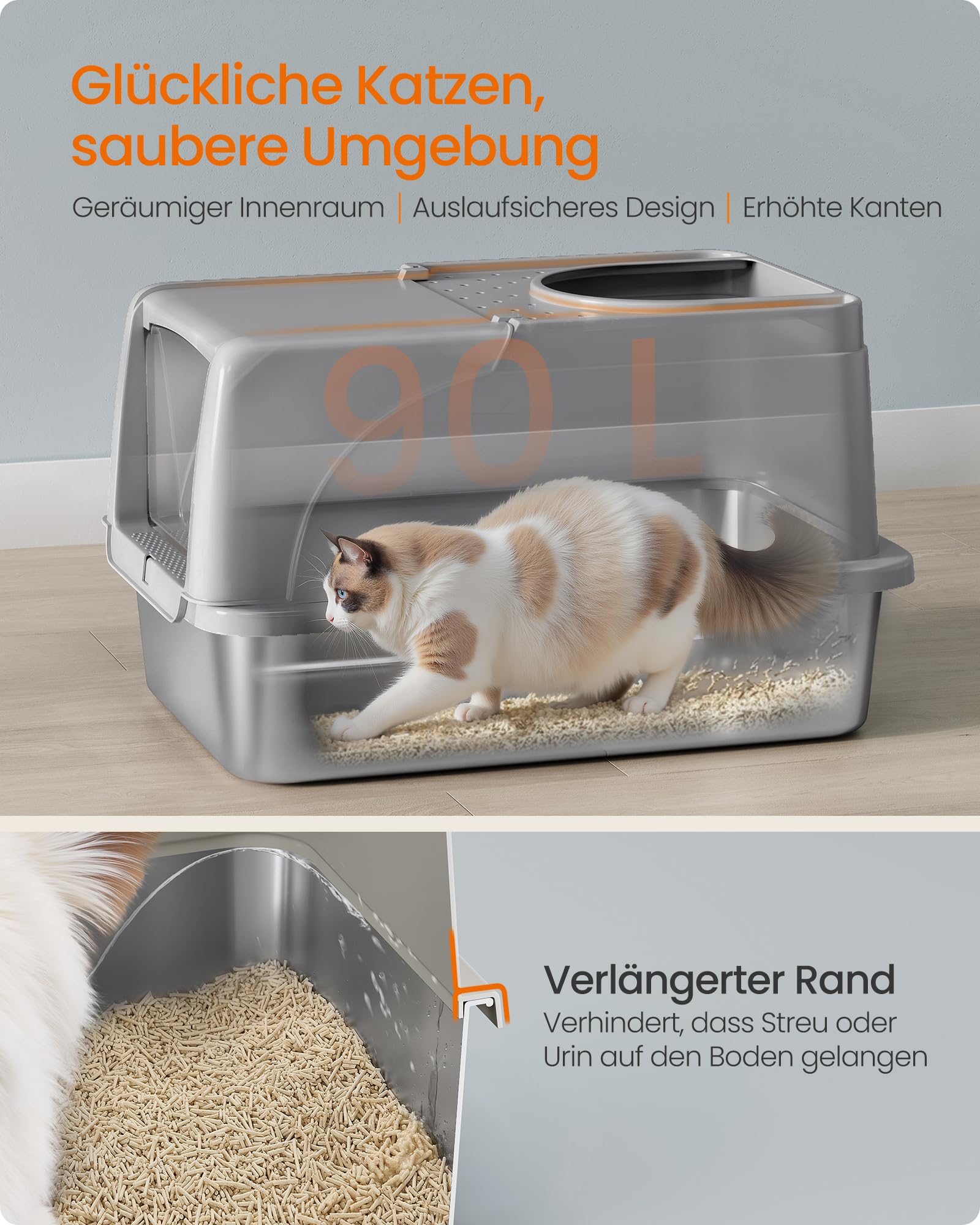 Feandrea Katzenklo Edelstahl, XL, Katzentoilette mit Deckel, mit Schaufel, Bürste und 2 Eingängen, für Katzen bis 15 kg, Taubengrau PPT005G01