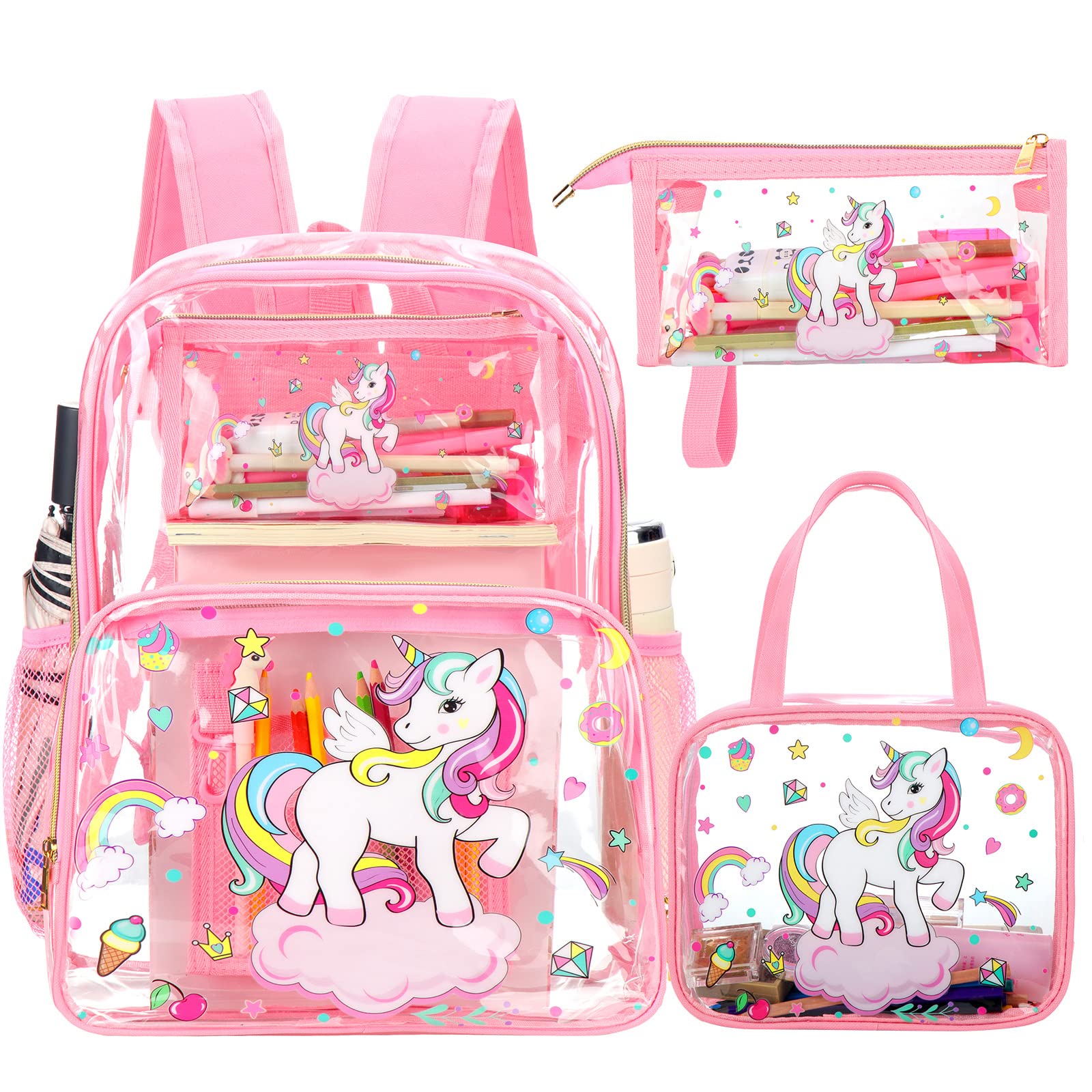 Kacctyen 3-Piece Clear Backpack Set With Lunch & Pencil Bag - Heavy Duty PVC Transparent Bookbag For School, Stadium, Gym