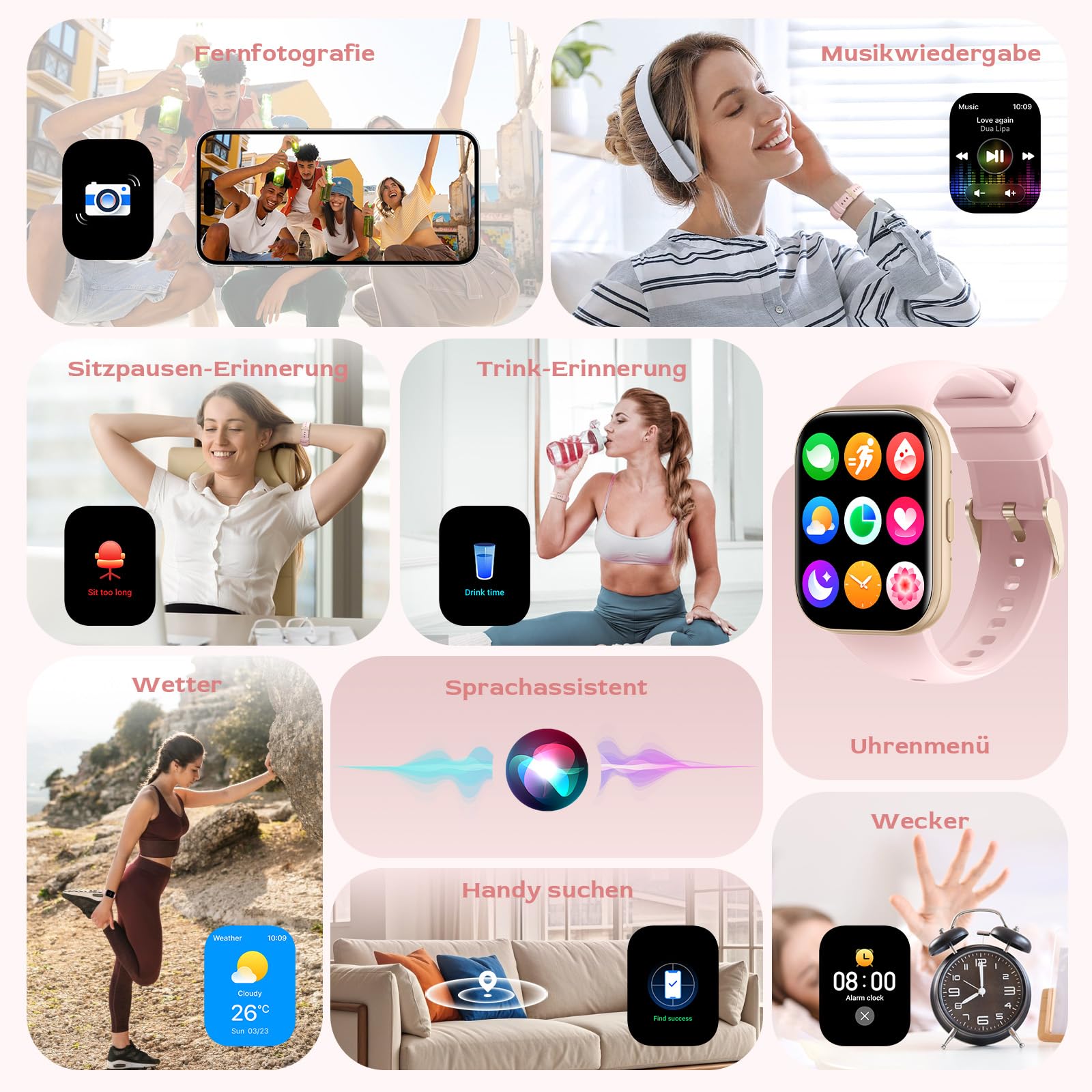 Reloj Inteligente Mujer 1.75" TFT Smartwatch con Llamadas Bluetooth IP68 Presión Arterial Pulsometro SpO2 Monitor de Sueño Ciclo Menstrual Fitness Tracker Android iOS (Rosa)
